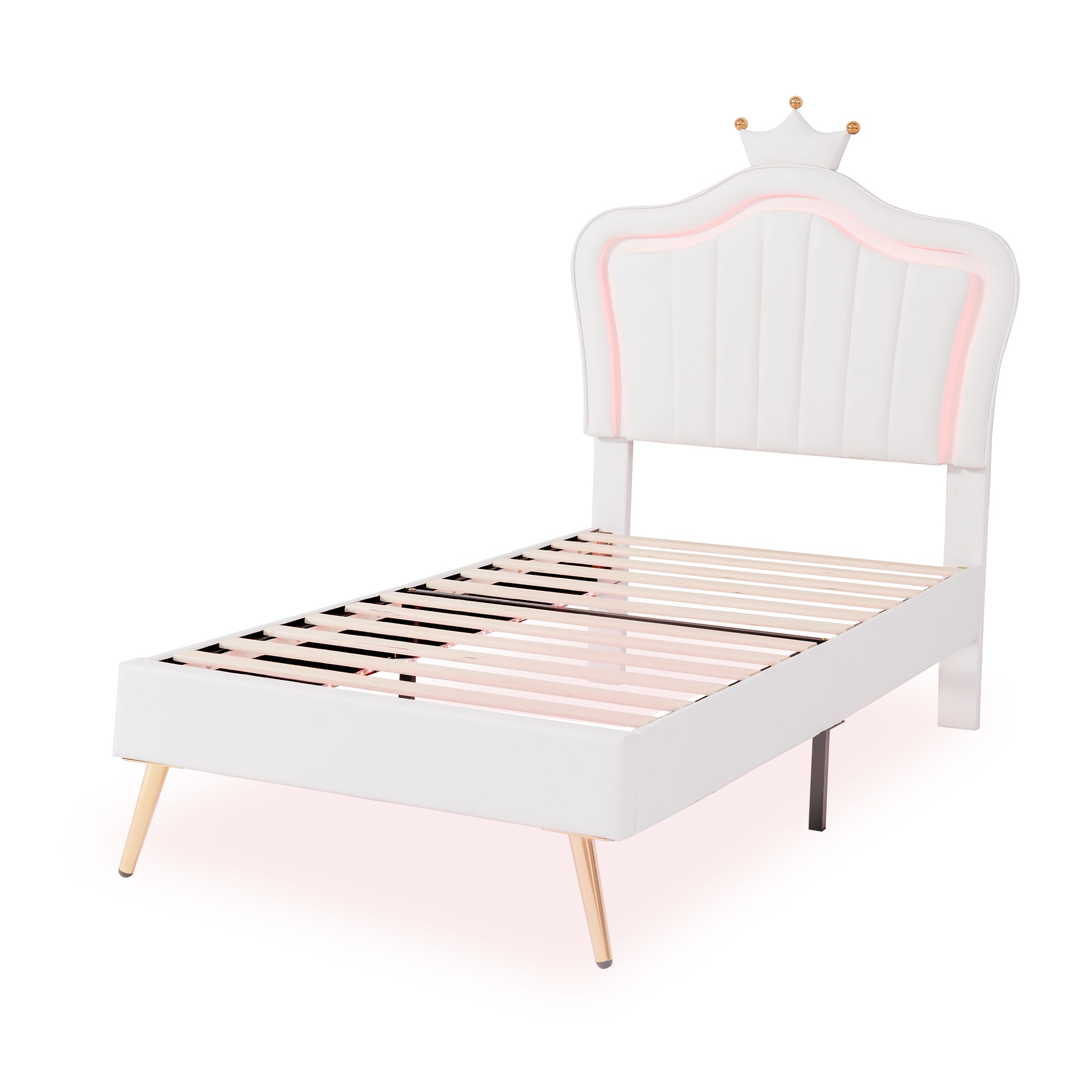 HAOYYE Twin Size Upholstered Bed Frame with LED Lights, Modern Upholstered Princess Bed With Crown Headboard,White Sturdy Space-Saving Heavy Duty Modern Design Adults Dorm Room Easy Assembly