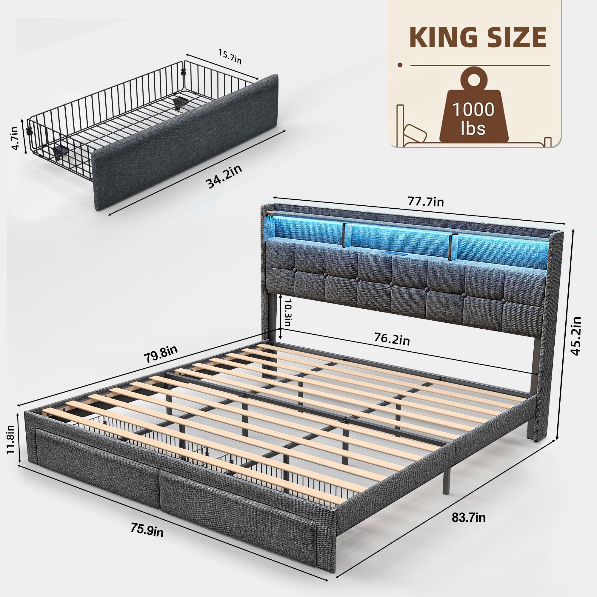 HAOYYE BED 778KING-DG-CLB Sturdy Space-Saving Heavy Duty Modern Design Adults Dorm Room Easy Assembly Bedroom Furniture