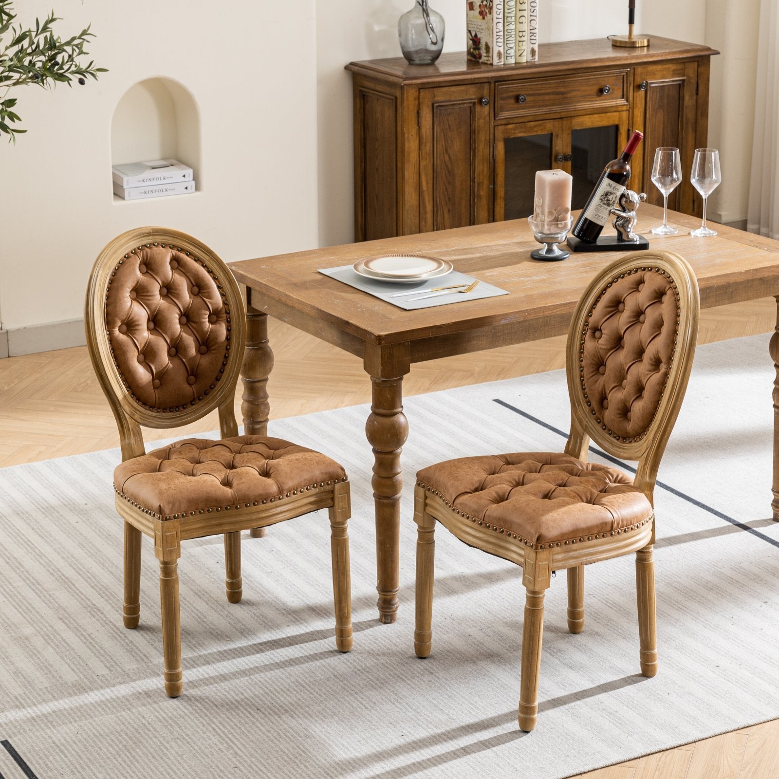 HAOYYE French Style Solid Wood Frame Antique Painting,Hand-pulled buckle decoration PU artificial leather Dining Chair with Nailhead Trim ,Wood Legs,Density Foam,Steel Spring inner,Set of 2,Orange,SW1839OG