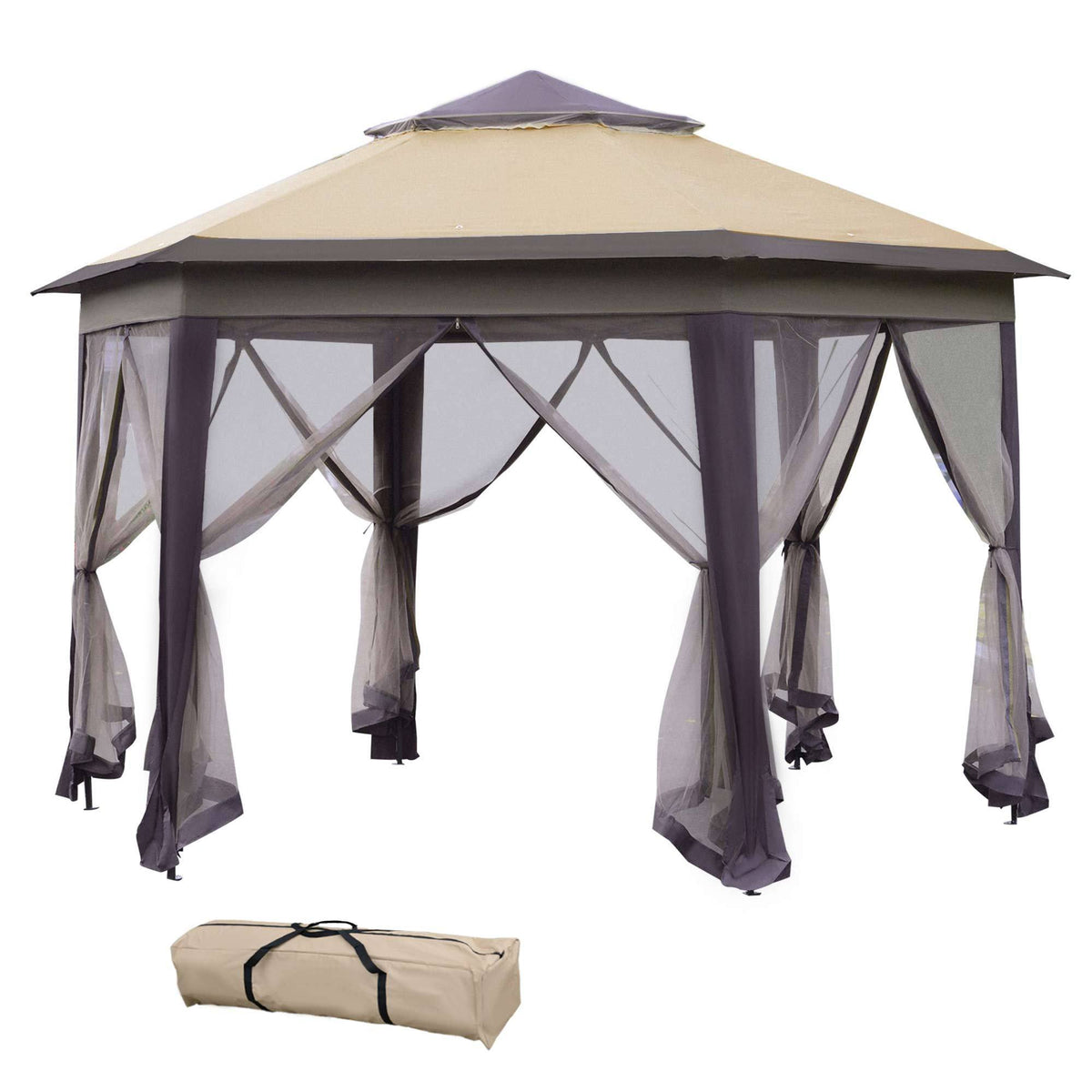 HAOYYE 13.25 x 11.25 ft Pop Up Hexagonal Gazebo Canopy Tent with 6 Zippered Mesh Sidewalls, Outdoor Portable Event Shelter with Steel Frame for Patio Garden Backyard Wedding or Party Use