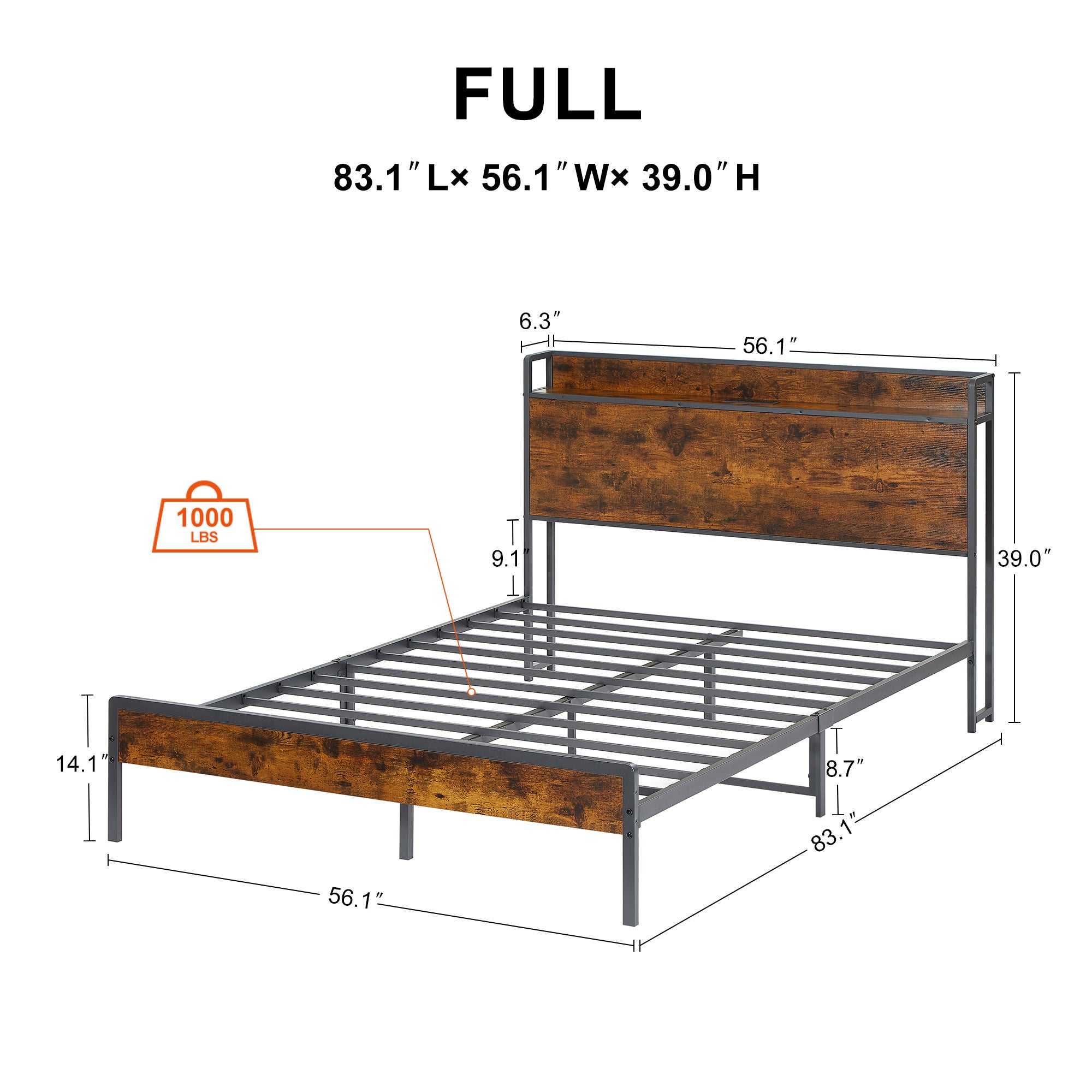 HAOYYE Bed frame with charging station full size, Rustic Brown, 83.1'' L x 56.1'' W x 39'' H Sturdy Space-Saving Heavy Duty Modern Design Adults Dorm Room Easy Assembly Bedroom Furniture