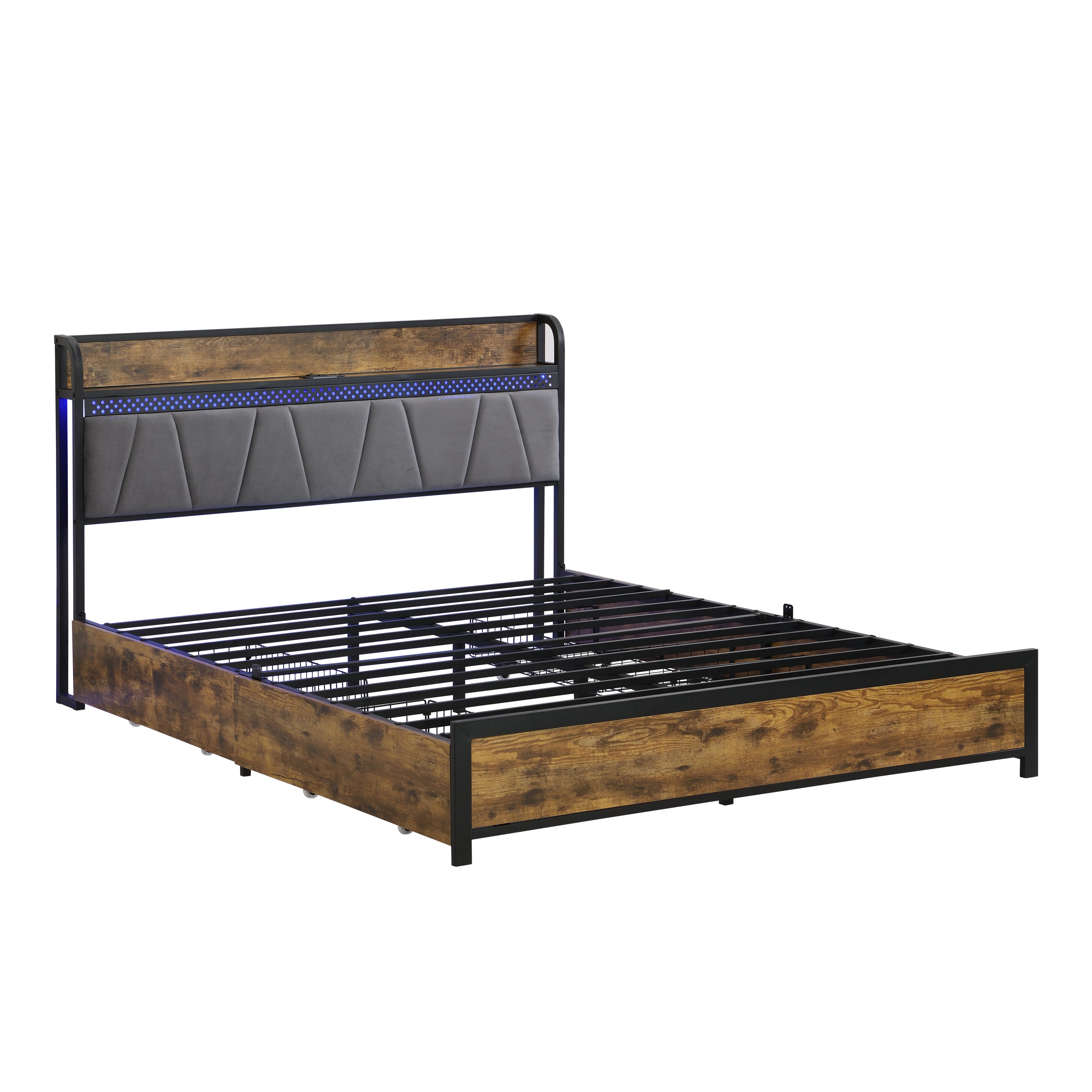 HAOYYE Full Size Bed Frame with Storage Headboard, Charging Station, LED Lights, and Four Drawers, Brown and Gray, Sturdy Space-Saving Design, Heavy Duty Construction, Modern Stylish Home Furniture
