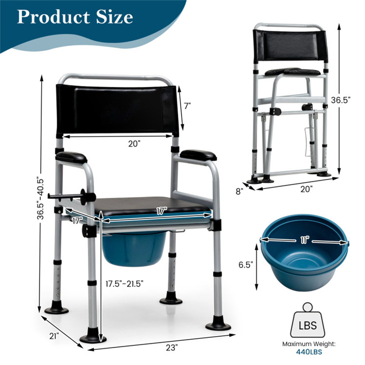 HAOYYE Black Shower Toilet Chair with Detachable Bucket, Portable Waterproof Commode Chair for Elderly and Disabled, Lightweight Aluminum Frame, Comfortable Padded Seat and Backrest, Adjustable Height, Lockable Wheels for Indoor and Outdoor Use