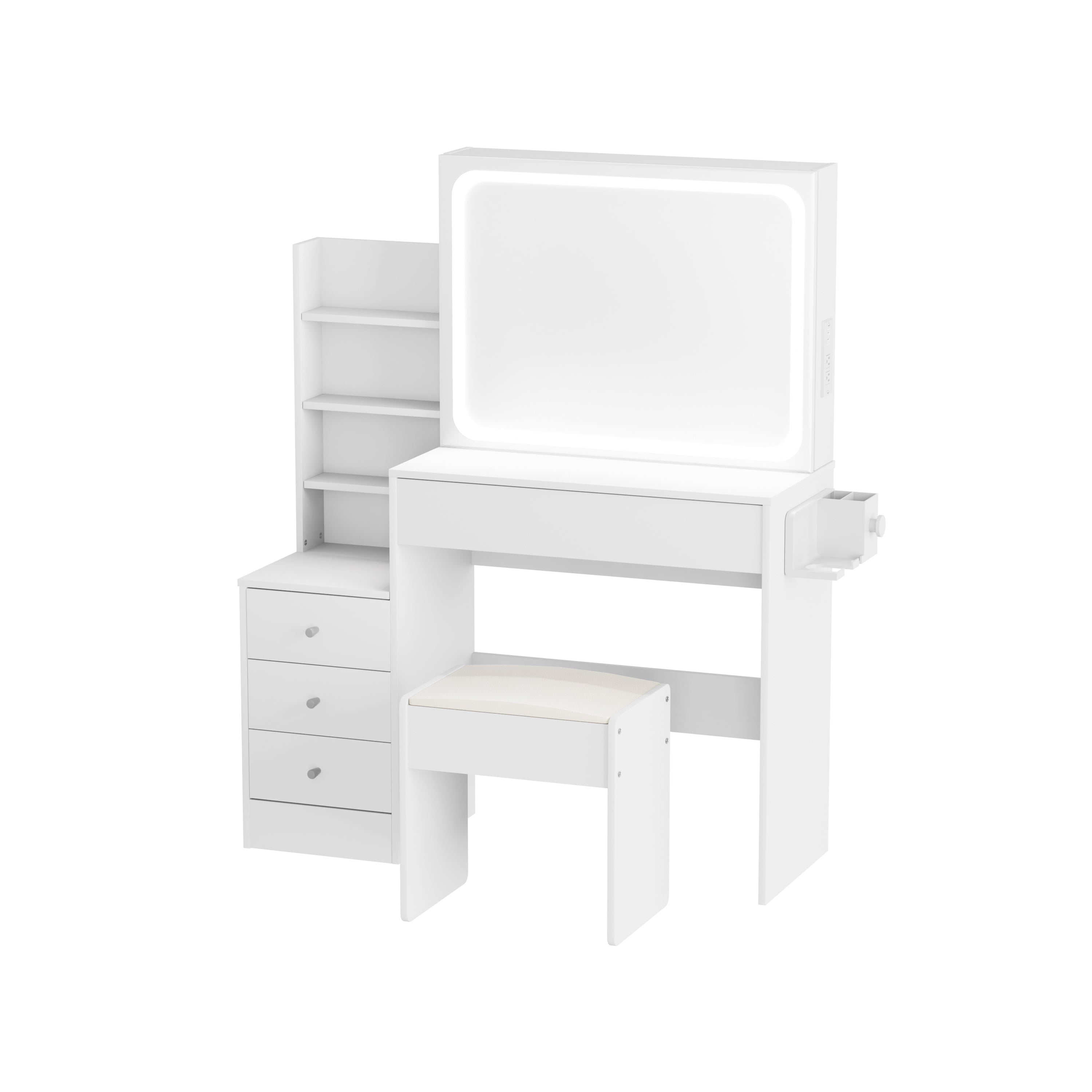 HAOYYE Vanity table with LED-lit mirror with power outlet and hairdryer shelving, with 4 drawers and upholstered stool, brightness adjustable in 3 lighting modes, storage table, White,