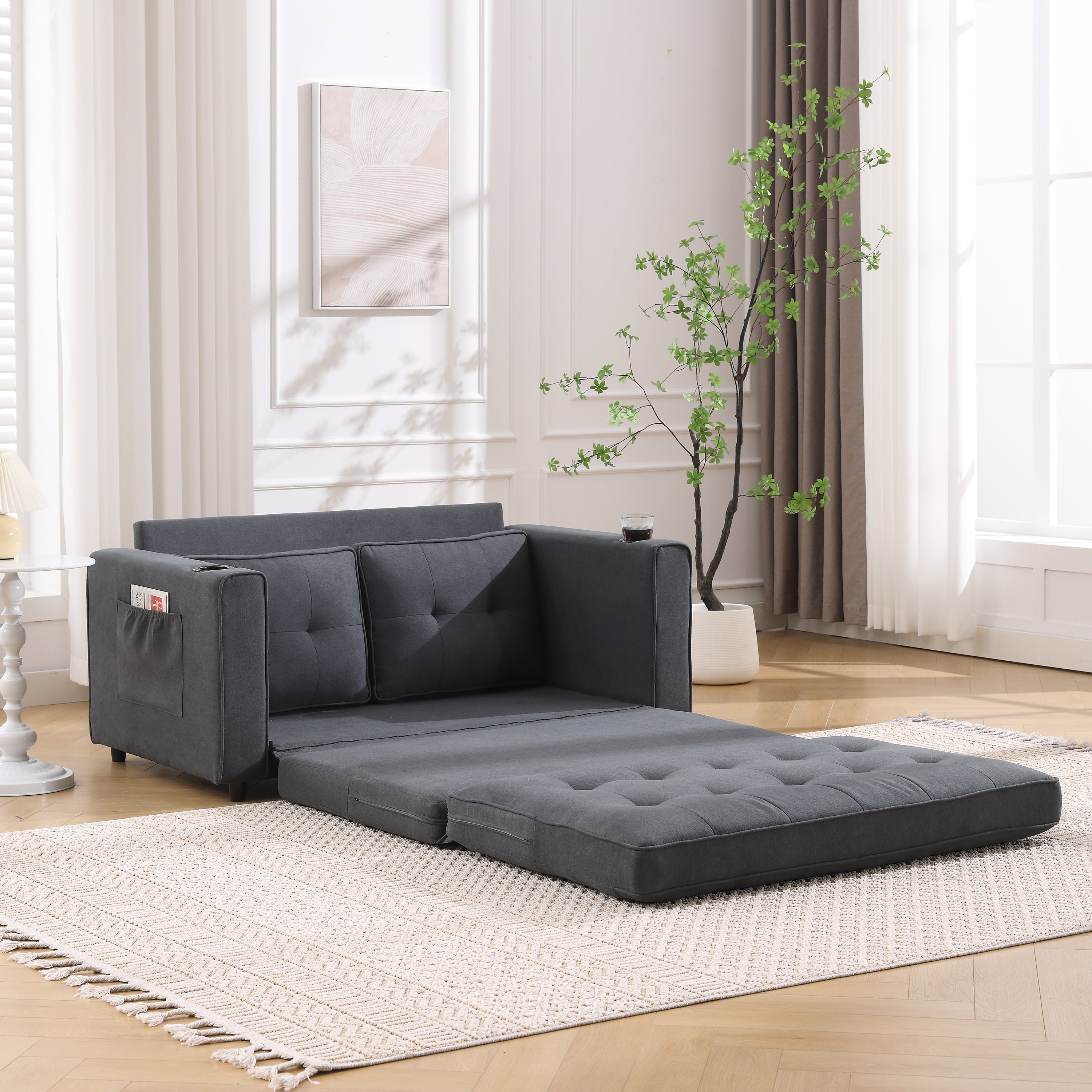 HAOYYE 3-in-1 Upholstered Convertible Futon Sofa Bed, Foldable Tufted Loveseat with Pull-Out Sleeper, Daybed with Side Pockets and Cup Holder, Dark Gray Sturdy Space-Saving Modern Design Easy Assembly