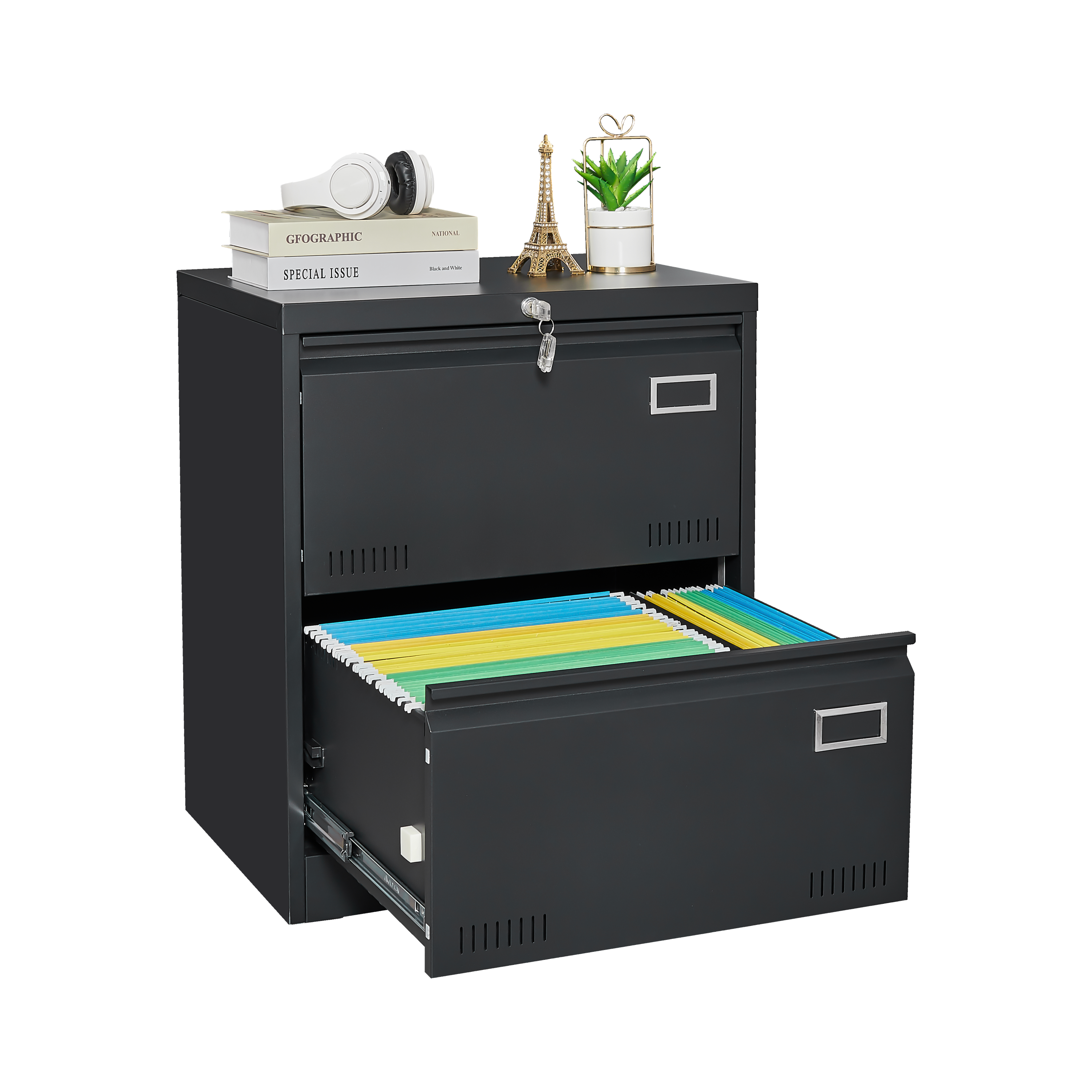 HAOYYE Black 2-Drawer Locking Metal File Cabinet, Lateral Filing Cabinet for Home Office, Legal and Letter Files, Space-Saving Vertical Design, Assembly Required