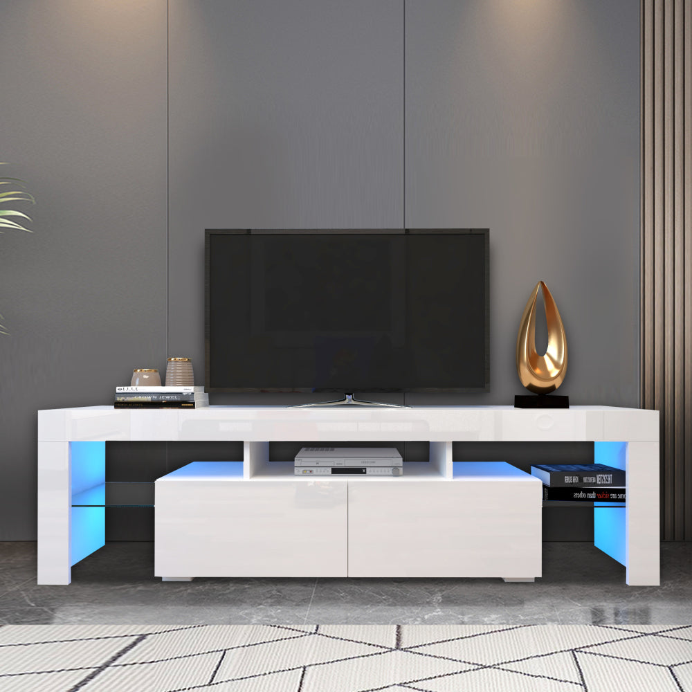 HAOYYE Modern White TV Stand, 20 Colors LED TV Stand w/Remote Control Lights Sturdy Space-Saving Heavy Duty Modern Design Easy Assembly Durable Stylish Home Furniture Versatile