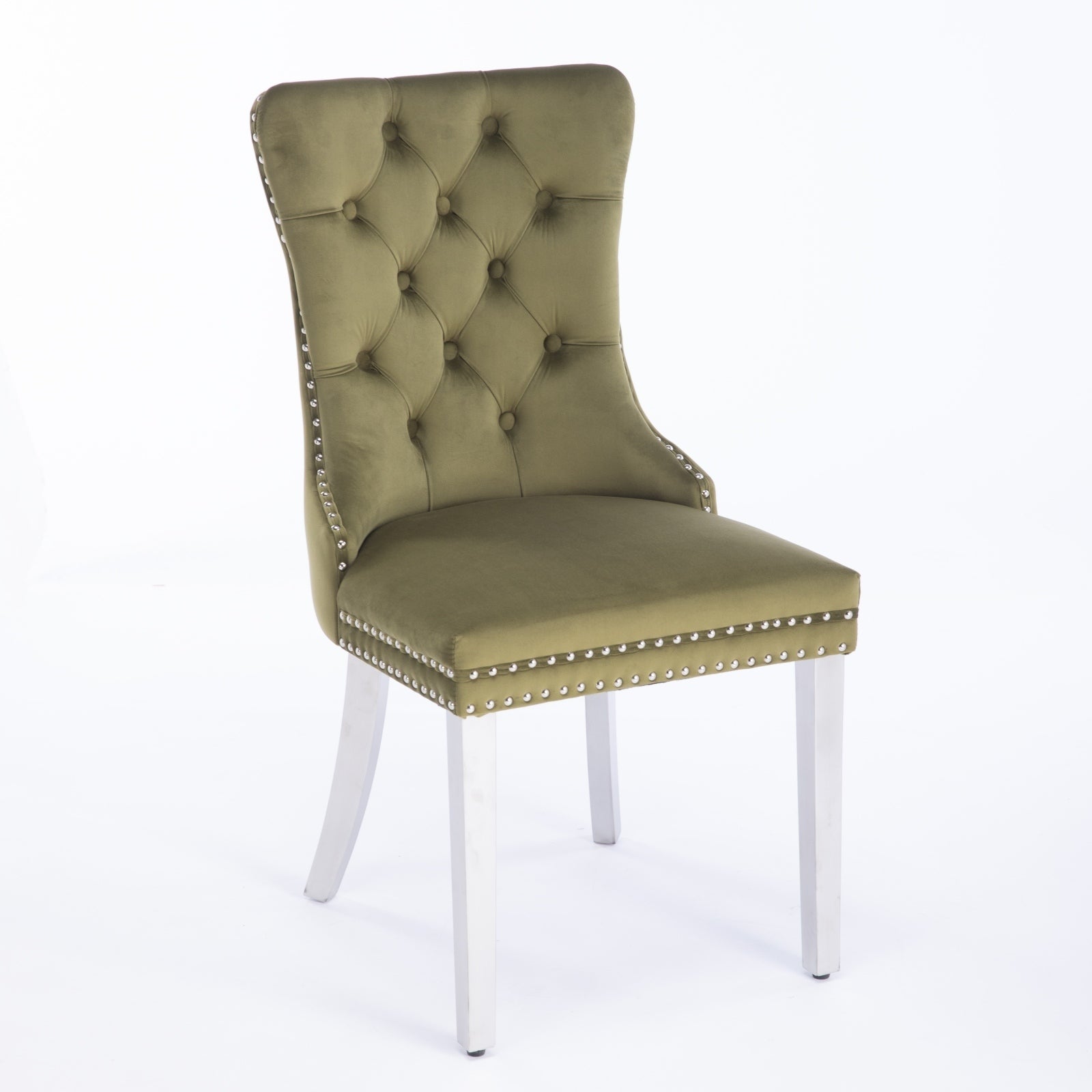 HAOYYE High-end Tufted Solid Wood Contemporary Velvet Upholstered Dining Chair with Chrome Stainless Steel Plating Legs,Nailhead Trim,Set of 2,Olive-Green and Chrome, SW1701OL Sturdy