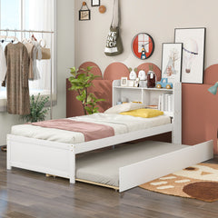 HAOYYE Twin Bed with Trundle,Bookcase,White Sturdy Space-Saving Heavy Duty Modern Design Adults Dorm Room Easy Assembly Bedroom Furniture
