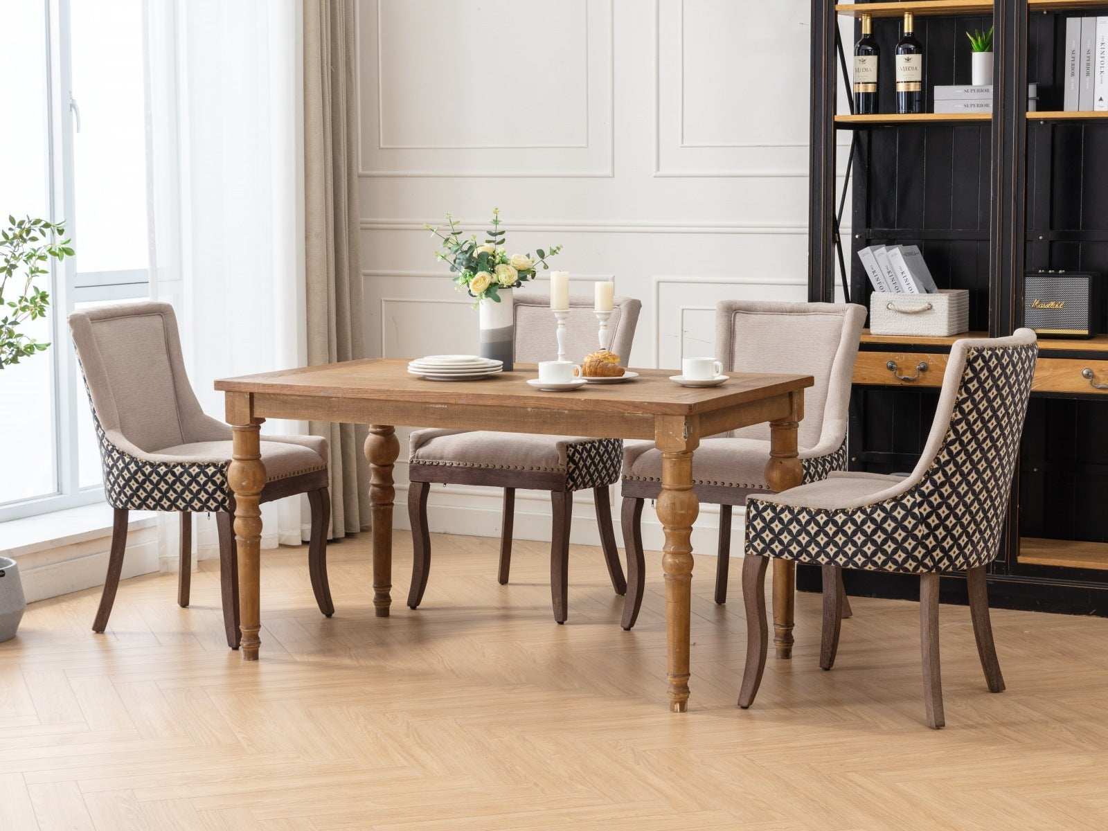 HAOYYE Ultra Side Dining Chair, Thickened fabric chairs with neutrally toned solid wood legs, Bronze nail head, Set of 2, Beige and Patterned,SW2207BG Sturdy Space-Saving Heavy Duty