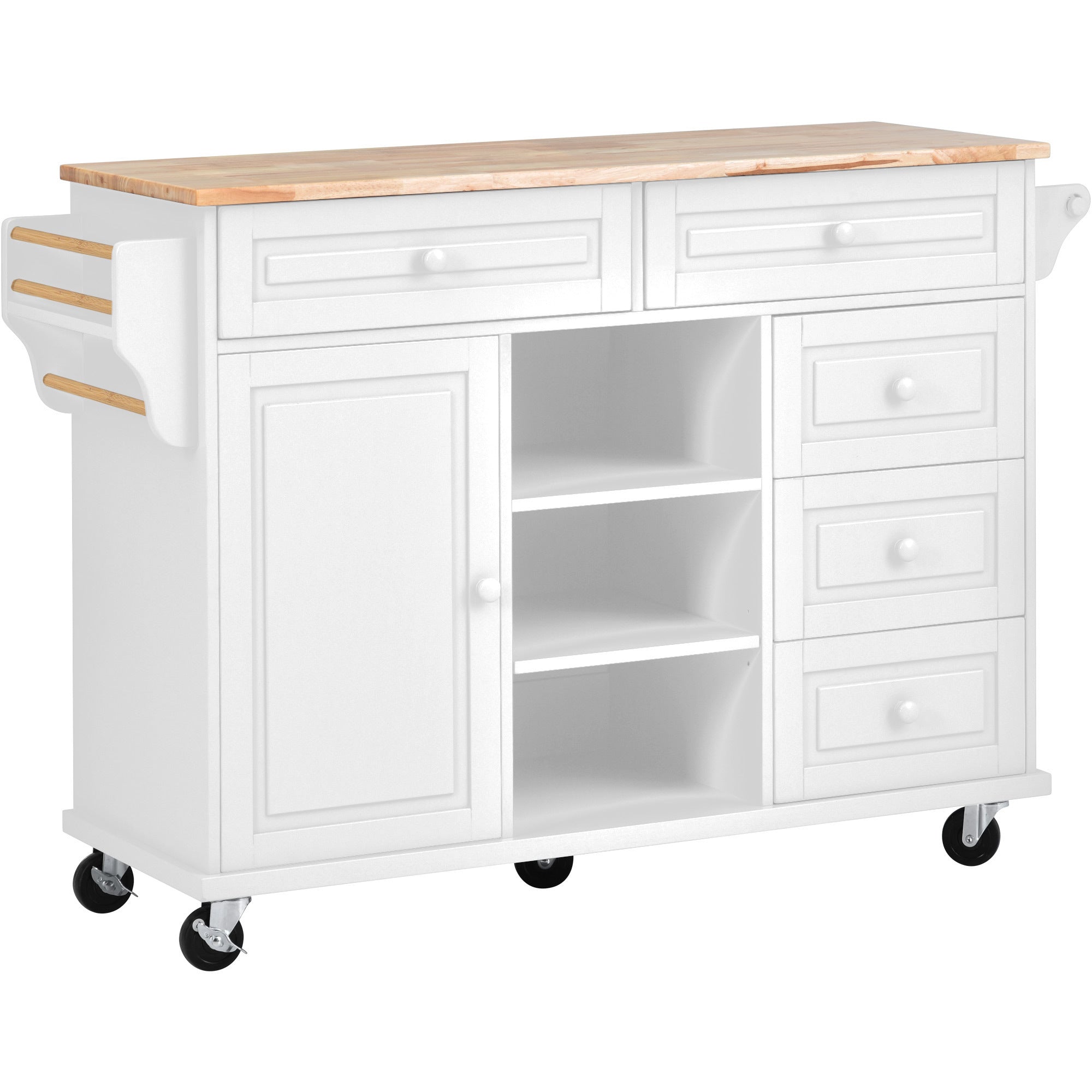 HAOYYE Kitchen cart with Rubber wood desktop rolling mobile kitchen island with storage and 5 draws 53 Inch length(White) Sturdy Space-Saving Heavy Duty Modern Design Adults Dorm Room Easy Assembly