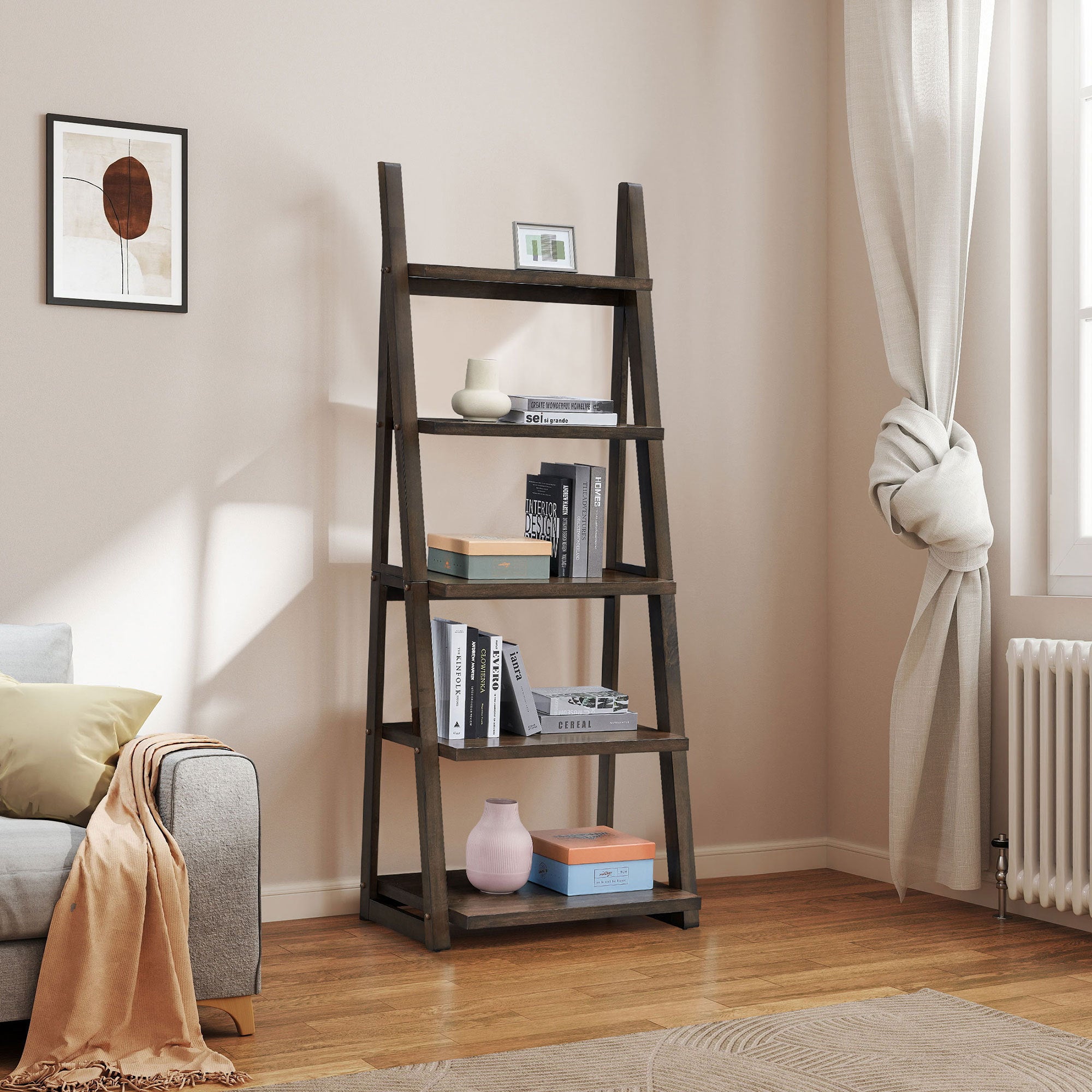 HAOYYE 5-Tier Shelves,Bookshelf, Storage Rack, Bookcase with Rubber Wood Frame, Ladder Shelf for Living Room, Home Office, Kitchen, Bedroom, Apartment ,Rustic Brown Sturdy Space-Saving Heavy Duty Adults