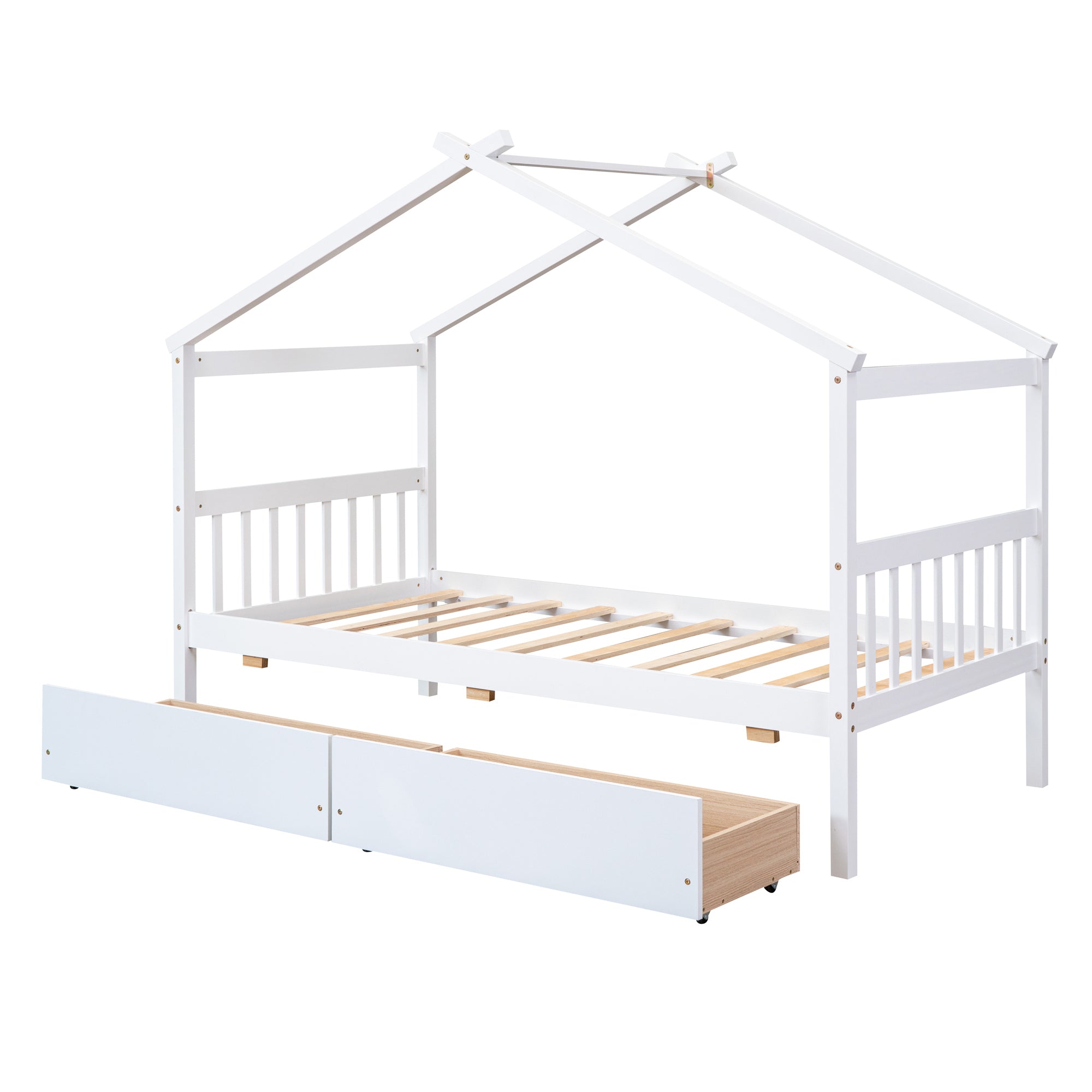 HAOYYE Twin Size Wooden House Bed Frame With Drawers, White, Space-Saving Heavy Duty Modern Design For Adults And Dorm Rooms, Easy Assembly Bedroom Furniture