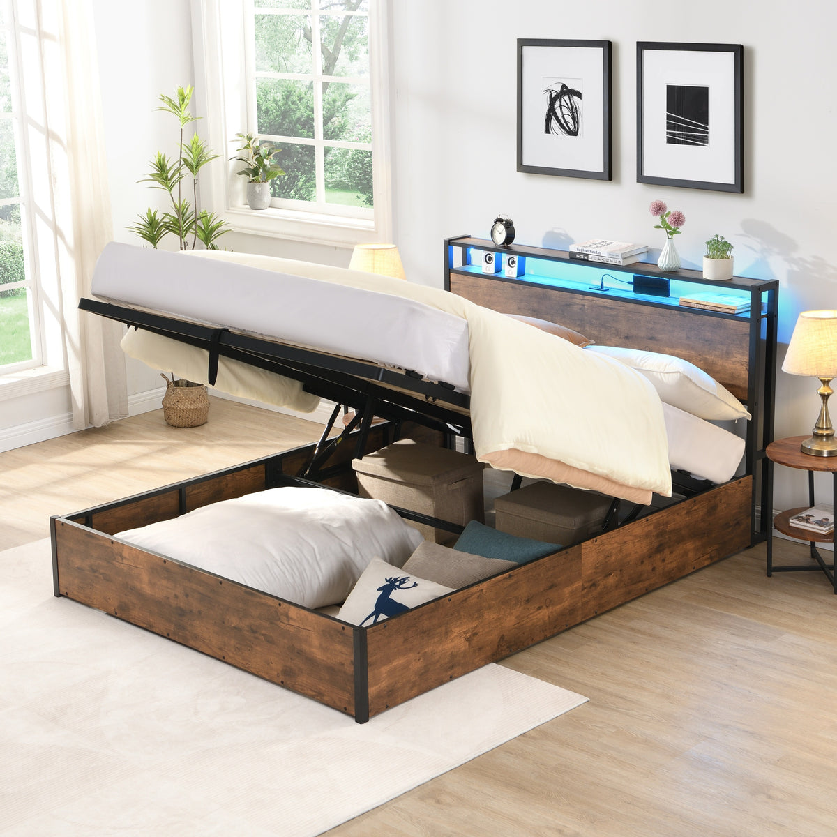 HAOYYE Lift-up Storage Bed Frame, Queen Size Bed Frame with Bookcase Headboard & LED Lights, Wooden Platform Bed Frame with Charging Station, No Spring Box Needed, Rustic Brown Sturdy Space-Saving Heavy Duty