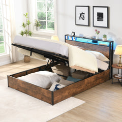 HAOYYE Lift-up Storage Bed Frame, Queen Size Bed Frame with Bookcase Headboard & LED Lights, Wooden Platform Bed Frame with Charging Station, No Spring Box Needed, Rustic Brown Sturdy Space-Saving Heavy Duty