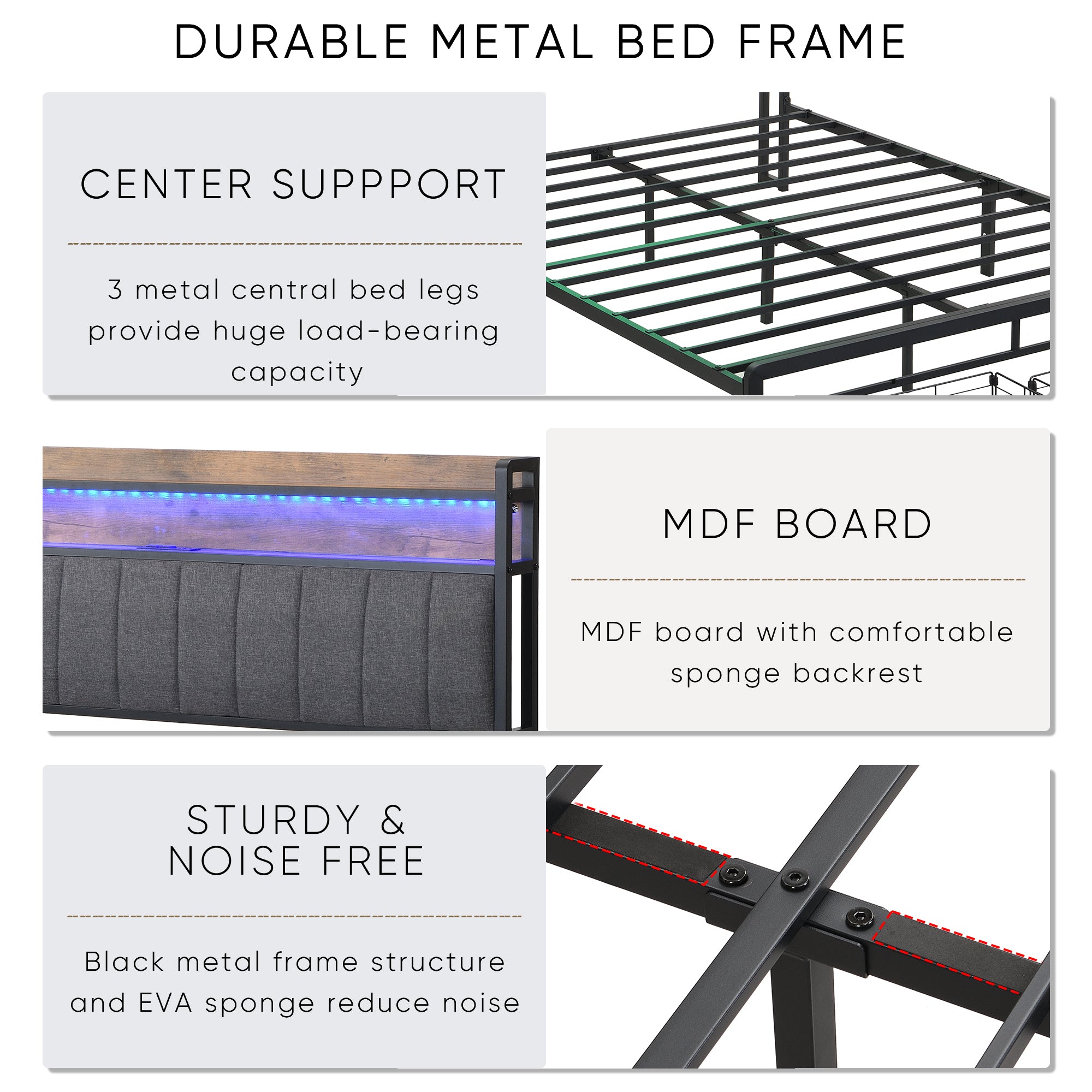 HAOYYE Queen Bed Frame with Storage Headboard and Drawers, LED Upholstered Platform Bed Frame with Built-in Charging Station, No Box Spring Needed, Easy Assembly, Sturdy and Space-Saving Design in Grey for Adults