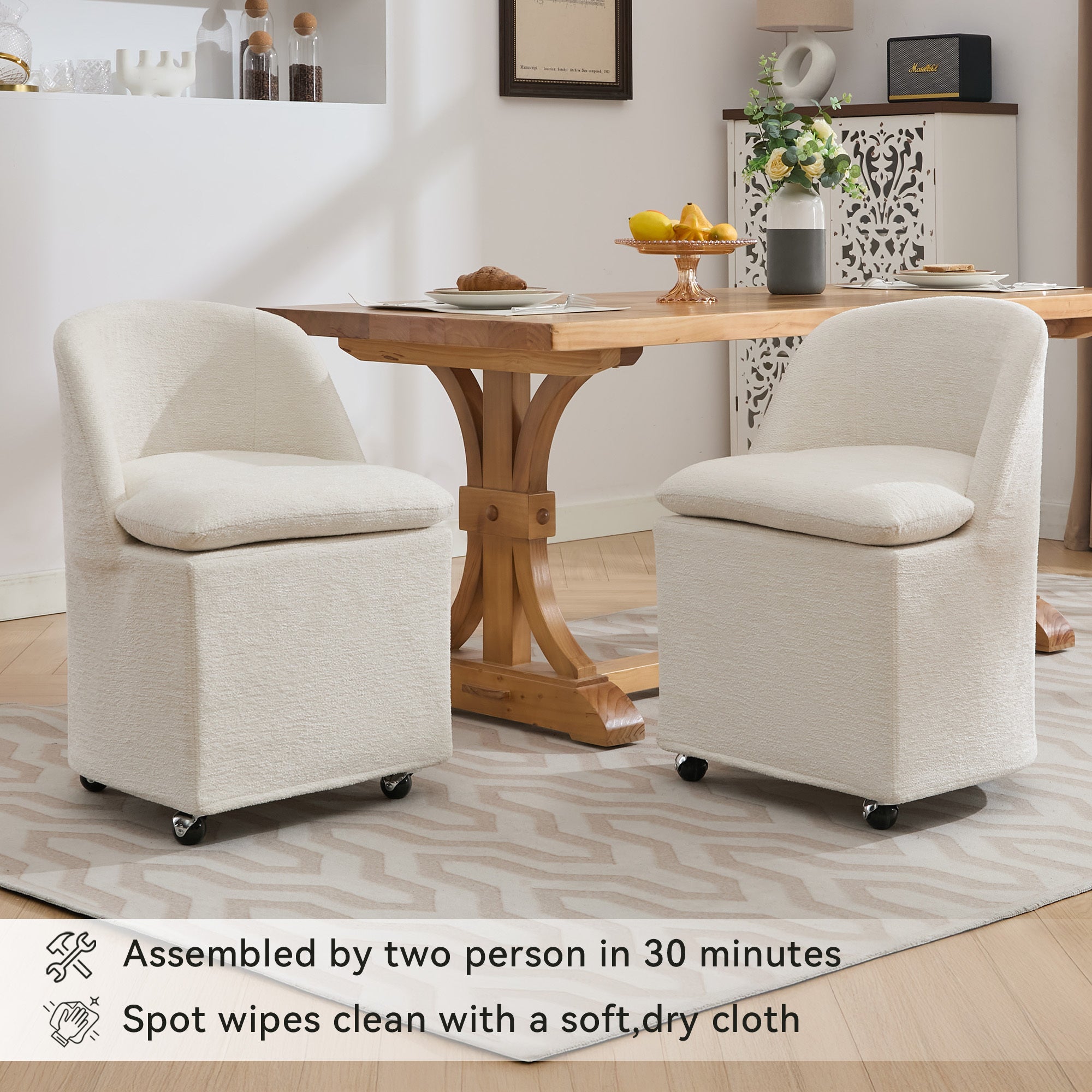 HAOYYE 058-Set of 2 Chenille Fabric Dining Chairs With Universal Wheels,Beige Sturdy Space-Saving Heavy Duty Modern Design Adults Dorm Room Easy Assembly Bedroom Furniture