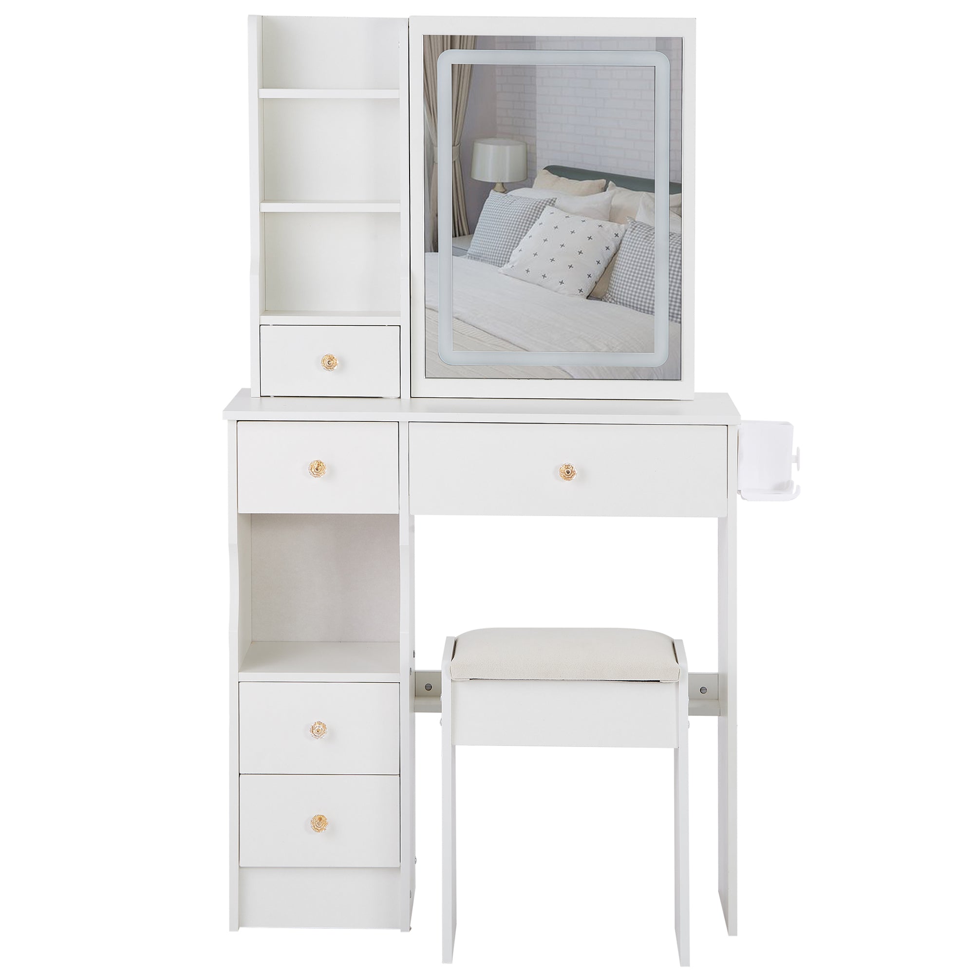 HAOYYE Compact Vanity Table With Left Drawer, Cushioned Stool, Touch-Control Sliding LED Mirror With Tri-Color Switching, Built-In Power Station, Hair Dryer Bracket, Certified By EPA, GCC, And UL