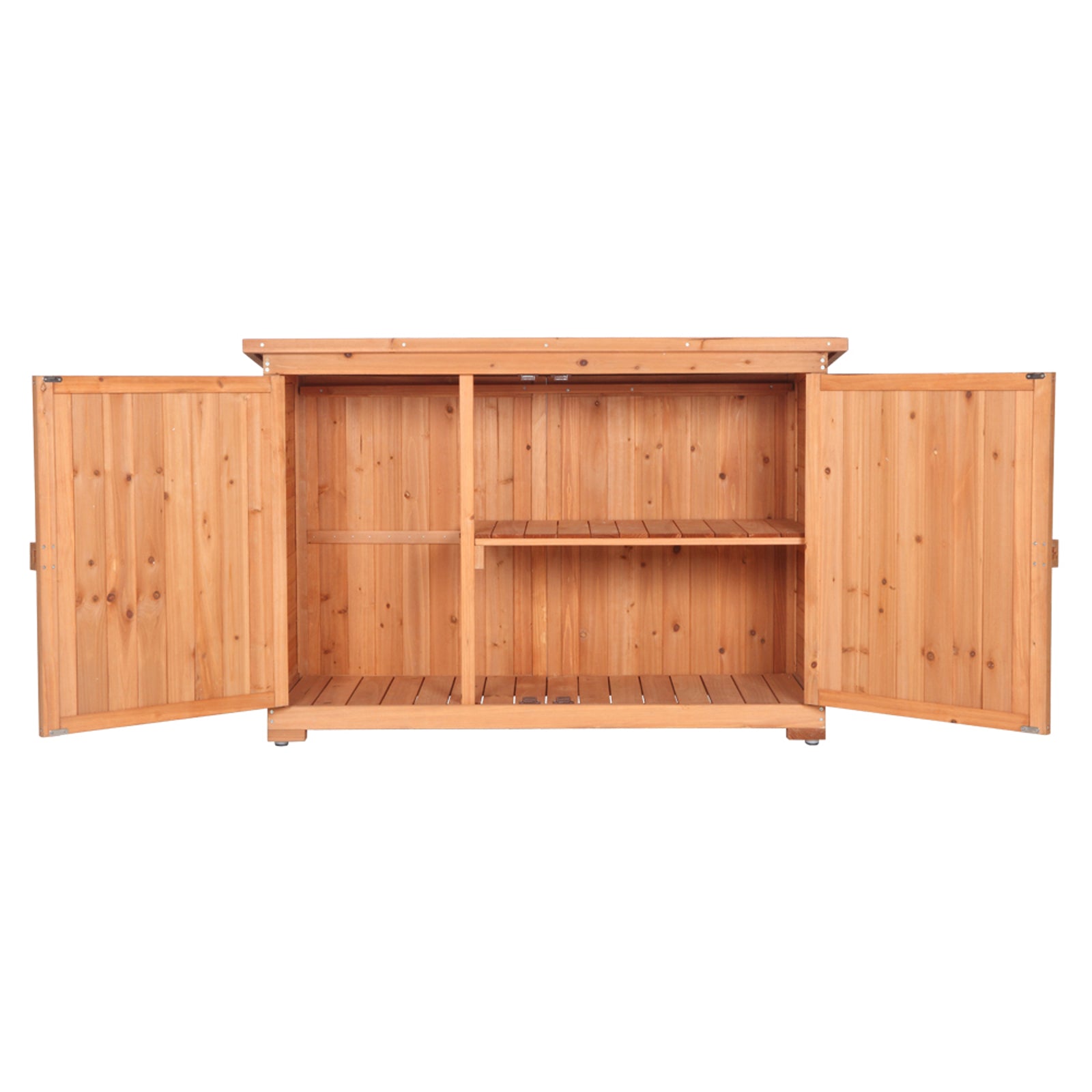 HAOYYE Double Doors Fir Wood Outdoor Storage Cabinet with Lock, Weatherproof Garden Shed Locker for Tools and Patio Supplies, Vertical Organizer Unit with Shelves for Backyard, Porch, or Balcony Use Orange Red