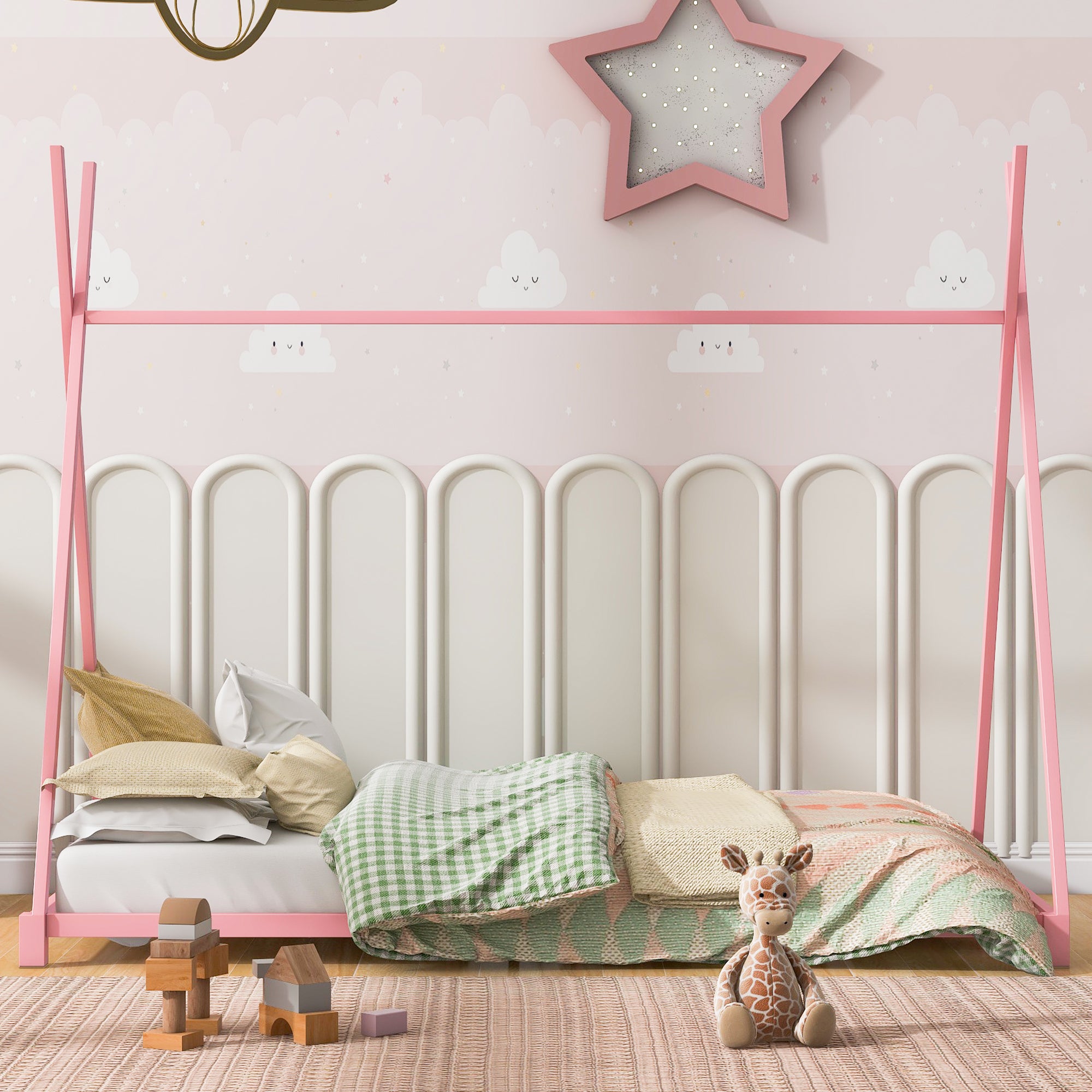 HAOYYE Metal Twin Size House Platform Bed with Triangle Structure, Pink Sturdy Space-Saving Heavy Duty Modern Design Adults Dorm Room Easy Assembly Bedroom Furniture