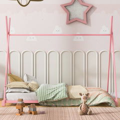 HAOYYE Metal Twin Size House Platform Bed with Triangle Structure, Pink Sturdy Space-Saving Heavy Duty Modern Design Adults Dorm Room Easy Assembly Bedroom Furniture