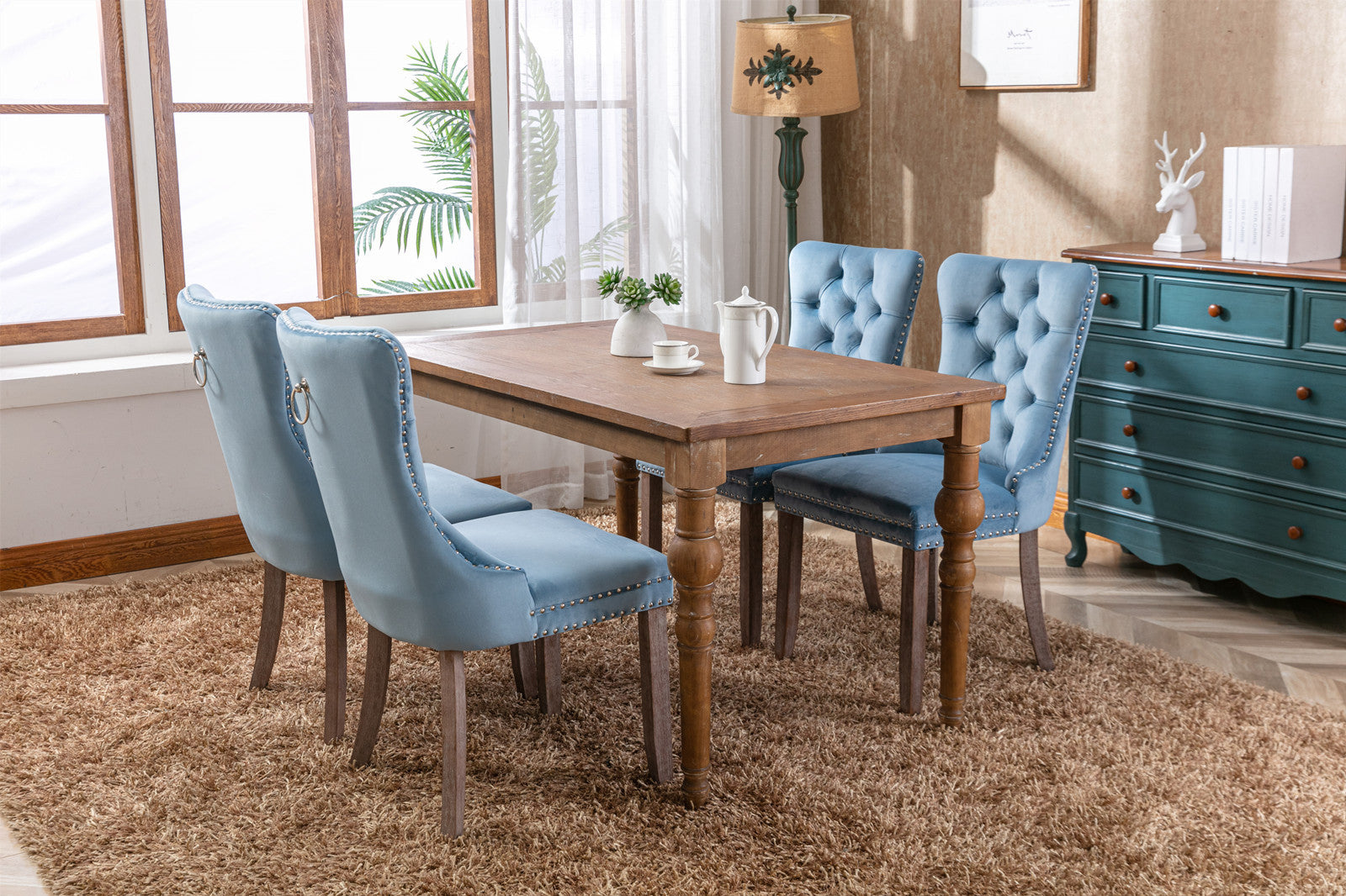 HAOYYE High-end Tufted Solid Wood Contemporary Velvet Upholstered Dining Chair with Wood Legs Nailhead Trim 2-Pcs Set,Light Blue, SW2001LB Sturdy Space-Saving Heavy Duty Durable