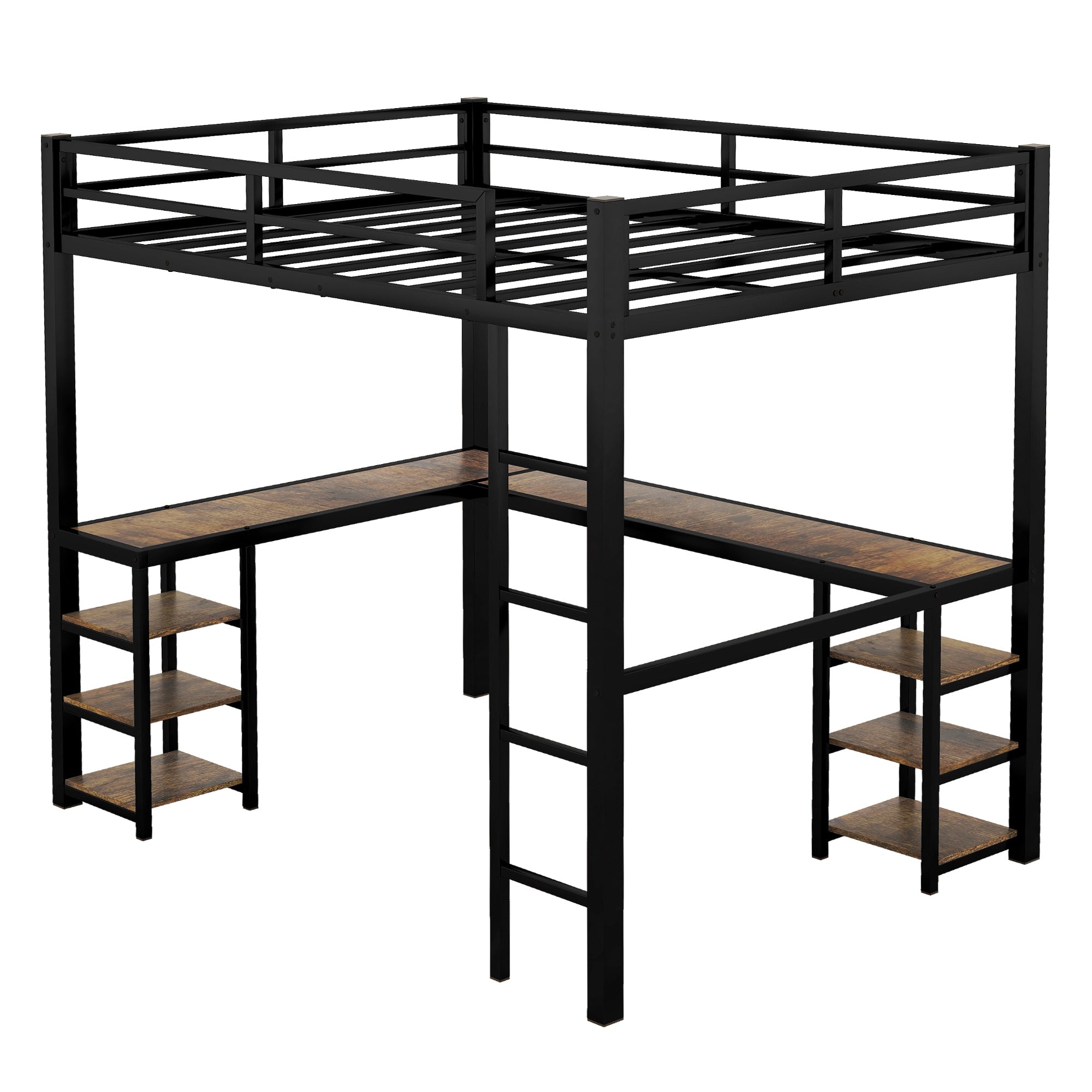 HAOYYE Full Metal Loft Bed with Desk and Shelves, Loft Bed with Ladder and Guardrails, Loft Bed Frame for Bedroom, Black with Vintage wood-colored desk Sturdy Space-Saving Heavy Duty Modern Design