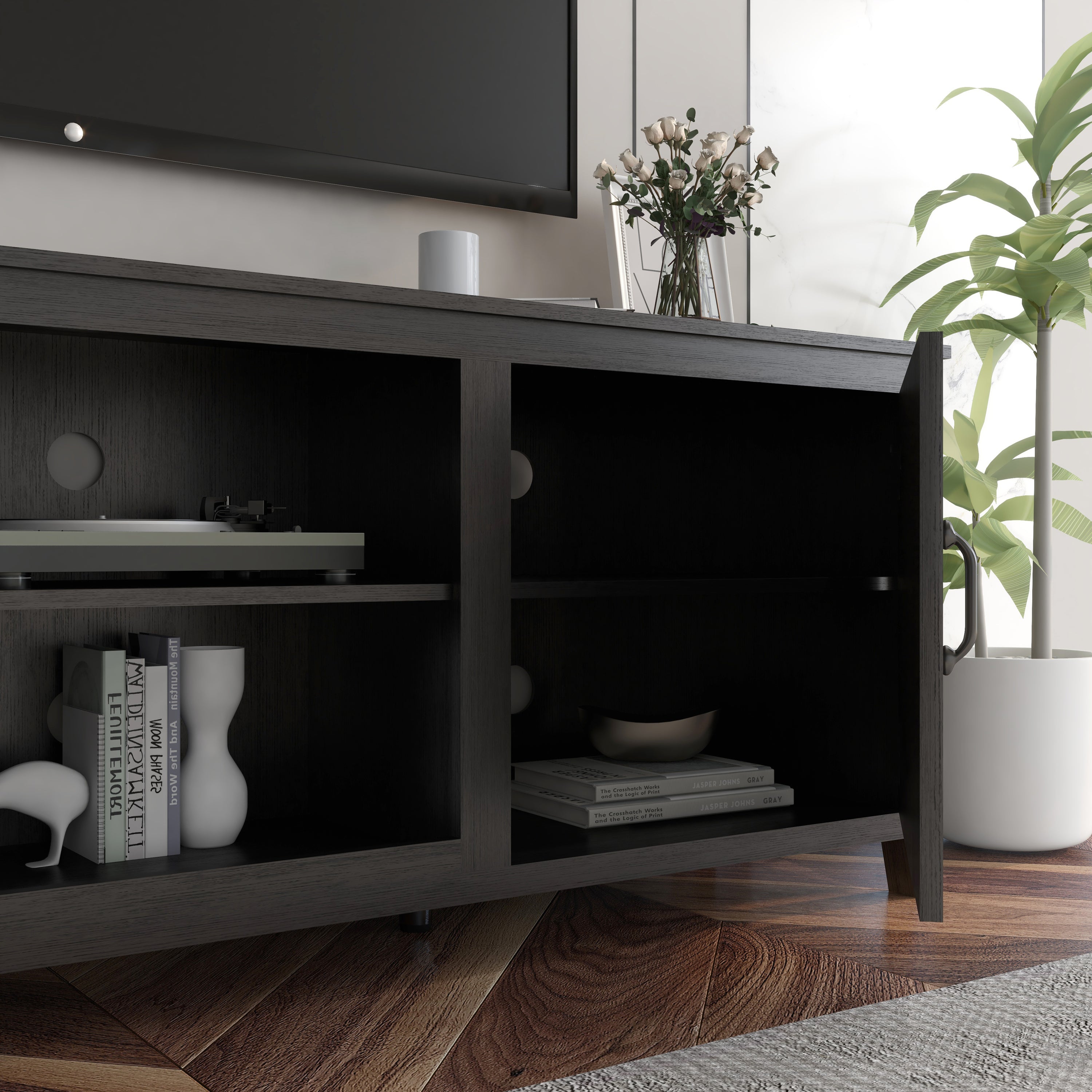 HAOYYE TV Stand Storage Media Console Entertainment Center,Tradition Black,with doors Sturdy Space-Saving Heavy Duty Modern Design Adults Dorm Room Easy Assembly Bedroom Furniture