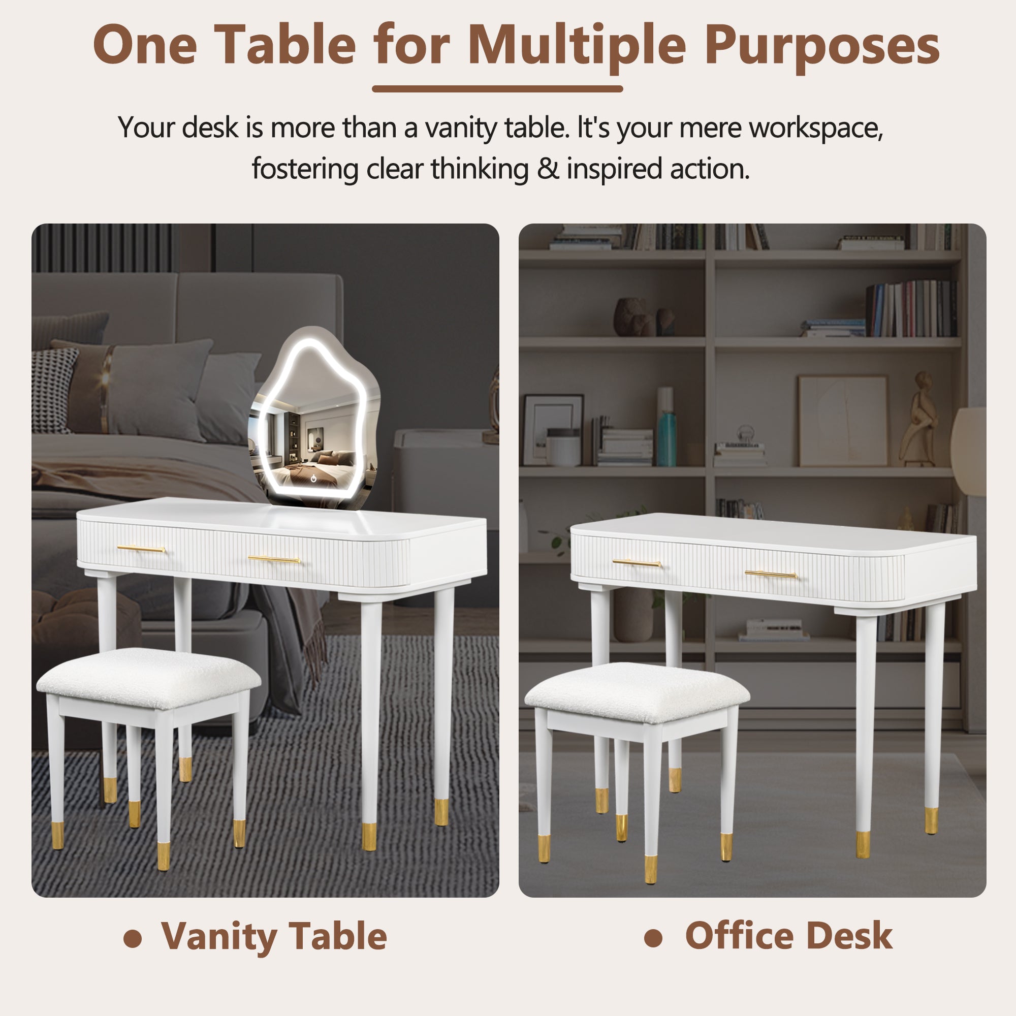 HAOYYE 40" Modern Vanity Table Set with Mirror Touch Screen Lighted Mirror, Dressing Table and Cushioned Stool Set with 2 Large Drawers, White