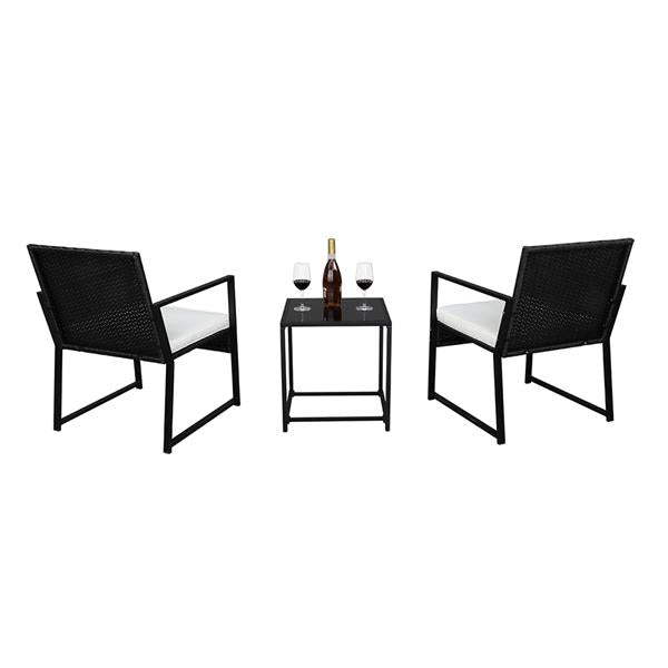HAOYYE Outdoor Wicker Patio Furniture Set Black Rattan 3 Piece Conversation Set with 2 Exposed Frame Flat Chairs and 1 Coffee Table Durable PE Woven Bistro Set with Iron Frame for Balcony Garden Lounge