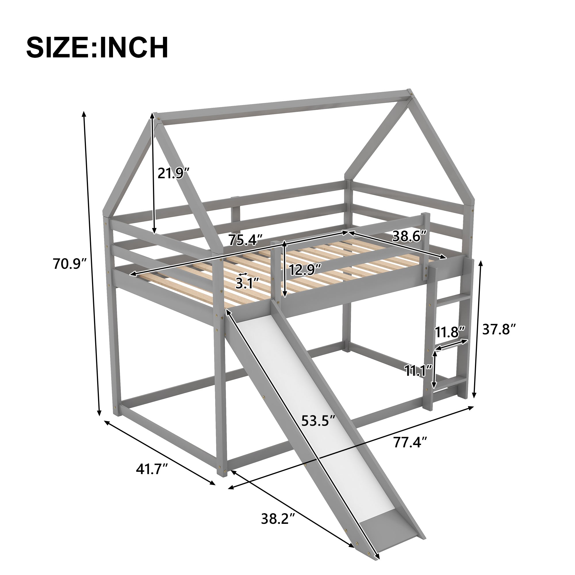 HAOYYE Twin Size Bunk House Bed with Slide and Ladder,Gray Sturdy Space-Saving Heavy Duty Modern Design Adults Dorm Room Easy Assembly Bedroom Furniture