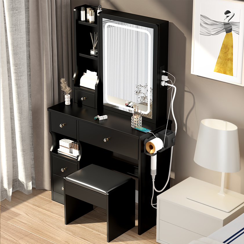 HAOYYE Compact Vanity Table With Left Drawer, Cushioned Stool, Built-In Power Station With 2 AC & 2 USB Ports, Hair Dryer Bracket, Touch-Control Sliding LED Mirror With Adjustable Brightness And Tri-Color Lighting