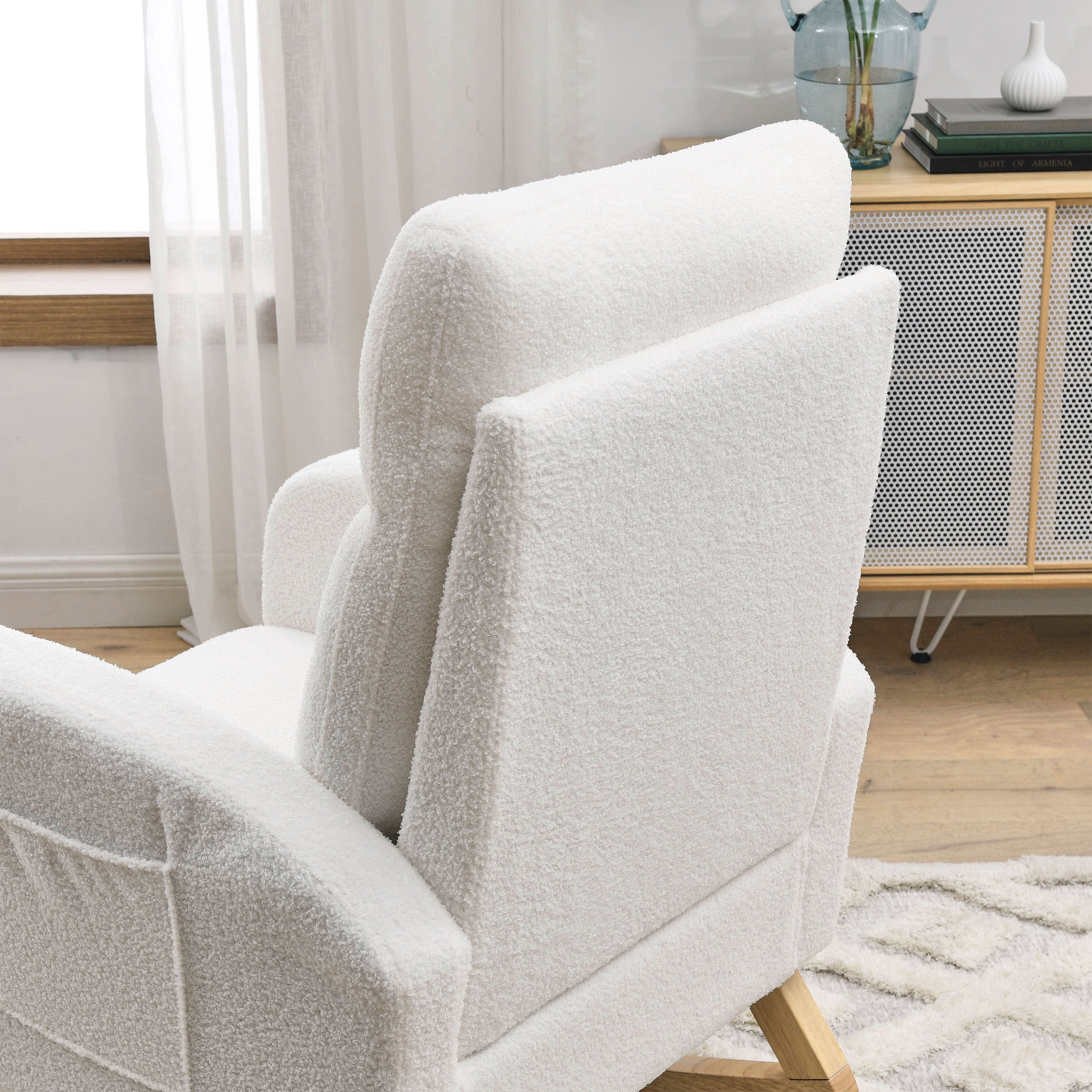 HAOYYE 27.6"W Modern Accent High Backrest Living Room Lounge Arm Rocking Chair, Two Side Pocket ,Teddy White (Ivory) Sturdy Space-Saving Heavy Duty Modern Design Adults Dorm Room