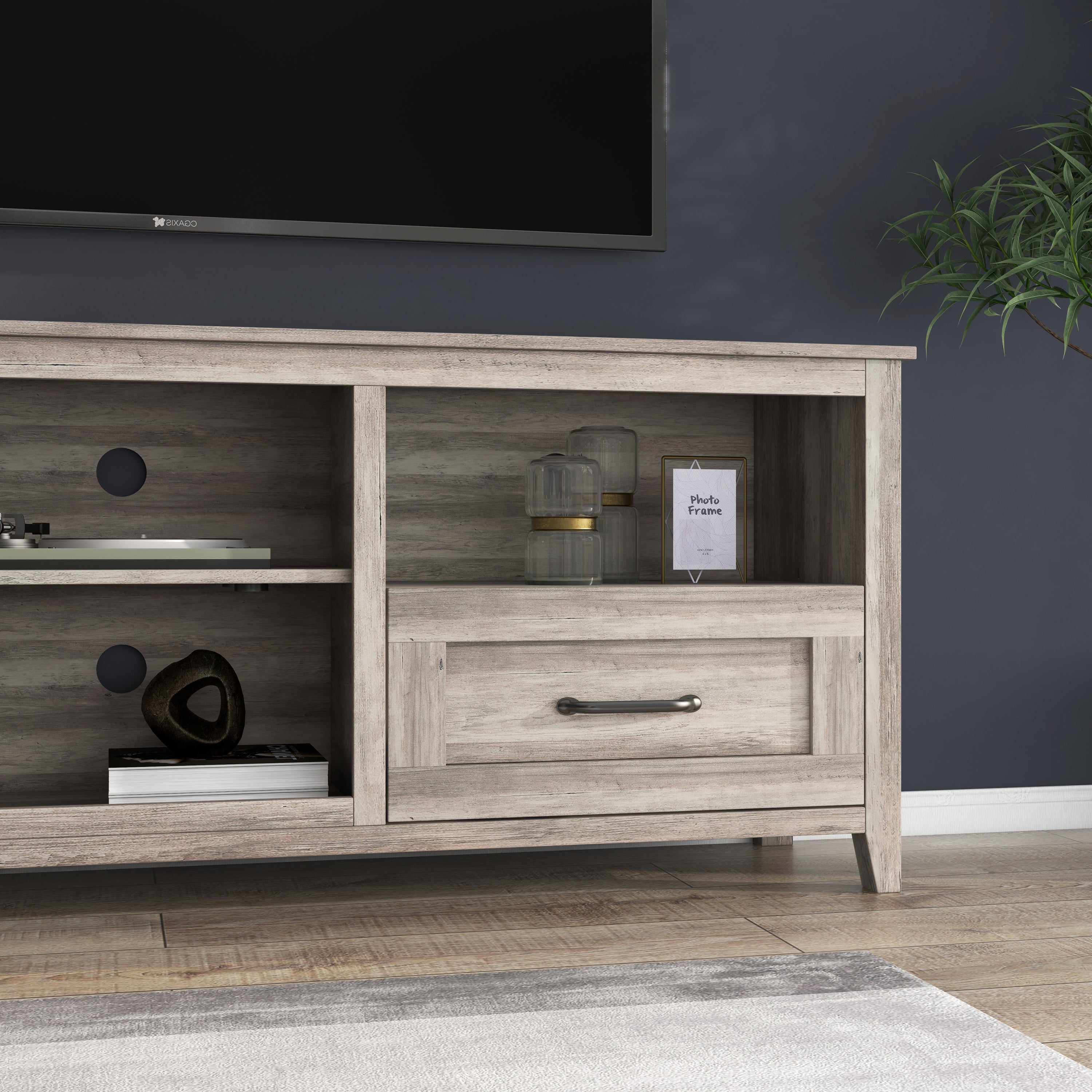 HAOYYE TV Stand for Living Room and Bedroom, with Two Drawers and Four Storage Compartments, Grey Walnut, Sturdy Space-Saving Design, Heavy Duty Construction, Easy Assembly, Durable and Stylish Home Furniture