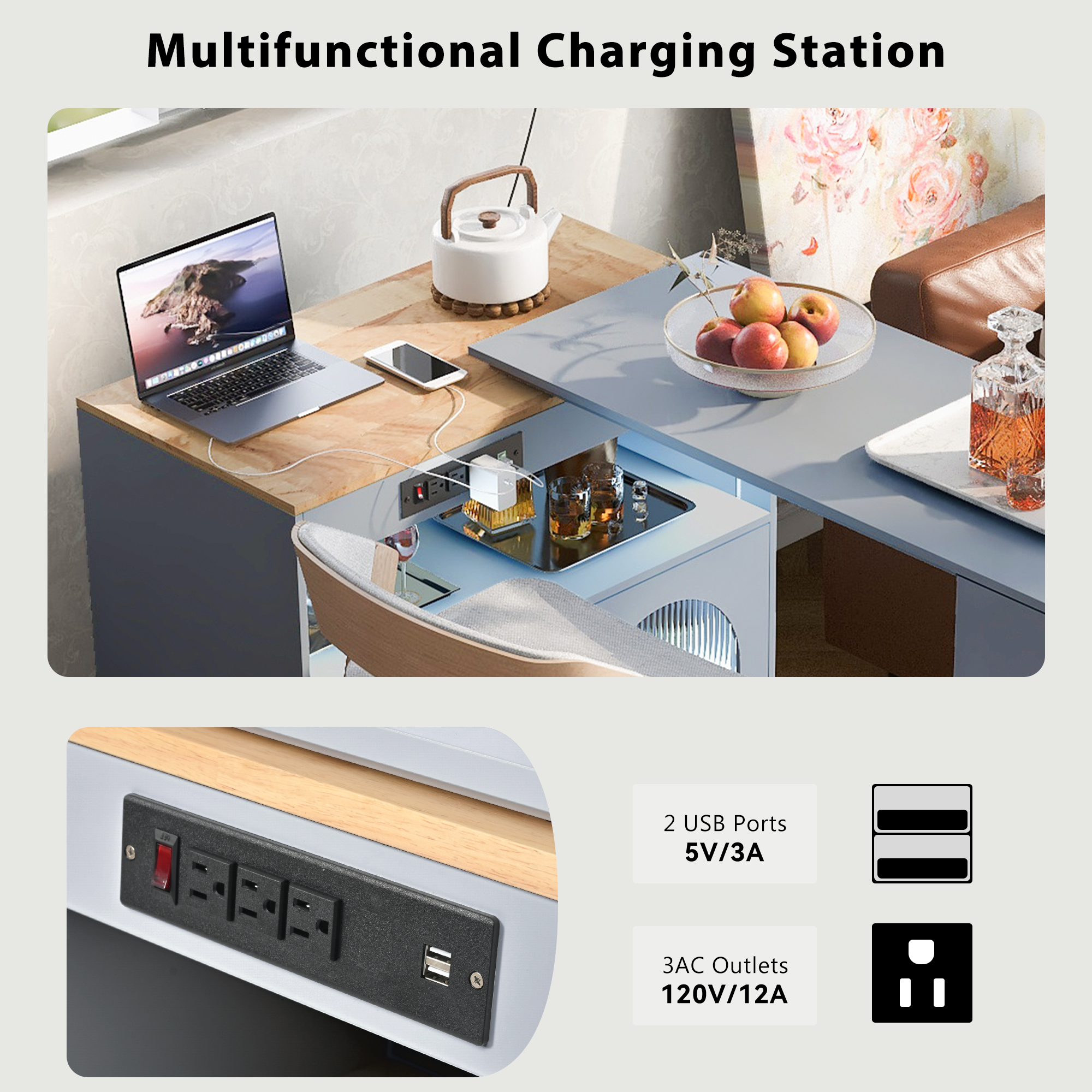 HAOYYE K&K Rolling Kitchen Island With Extended Table, Kitchen Island on Wheels with LED Lights,Power Outlets and 2 Fluted Glass Doors, Kitchen Island with a Storage Compartment and Side 3 Open Shelves, Grey