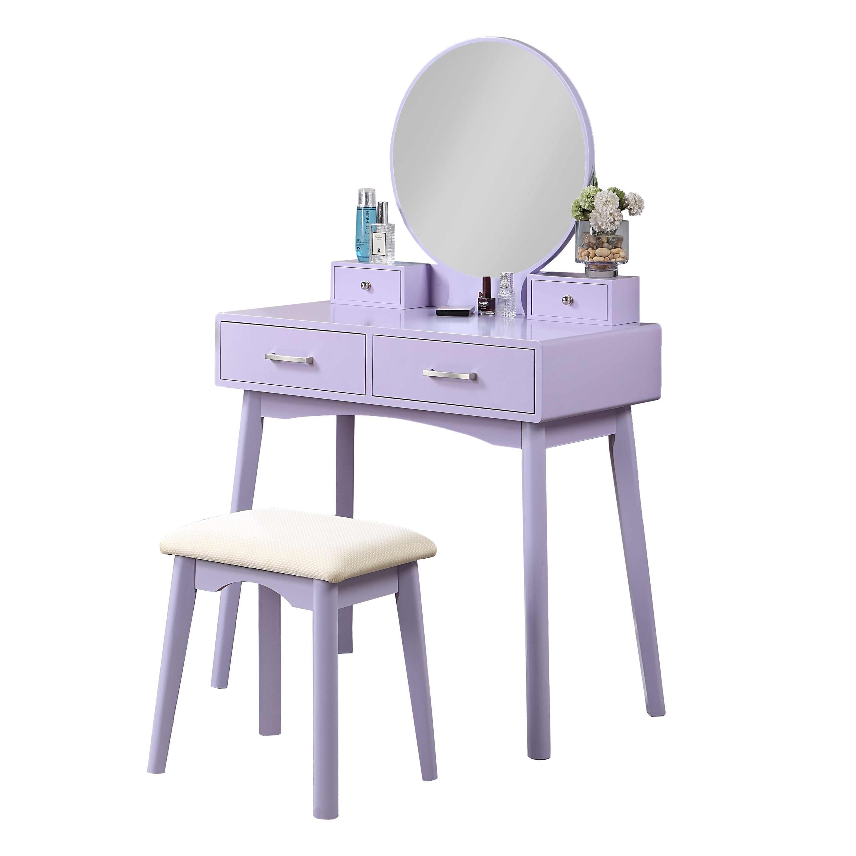 HAOYYE Liannon Contemporary Wood Vanity and Stool Set, Purple Makeup Vanity Table with Storage Drawers, Elegant Dressing Table with Round Mirror and Cushioned Stool, Stylish Compact Vanity Desk for Bedroom, Apartment, or Makeup Room