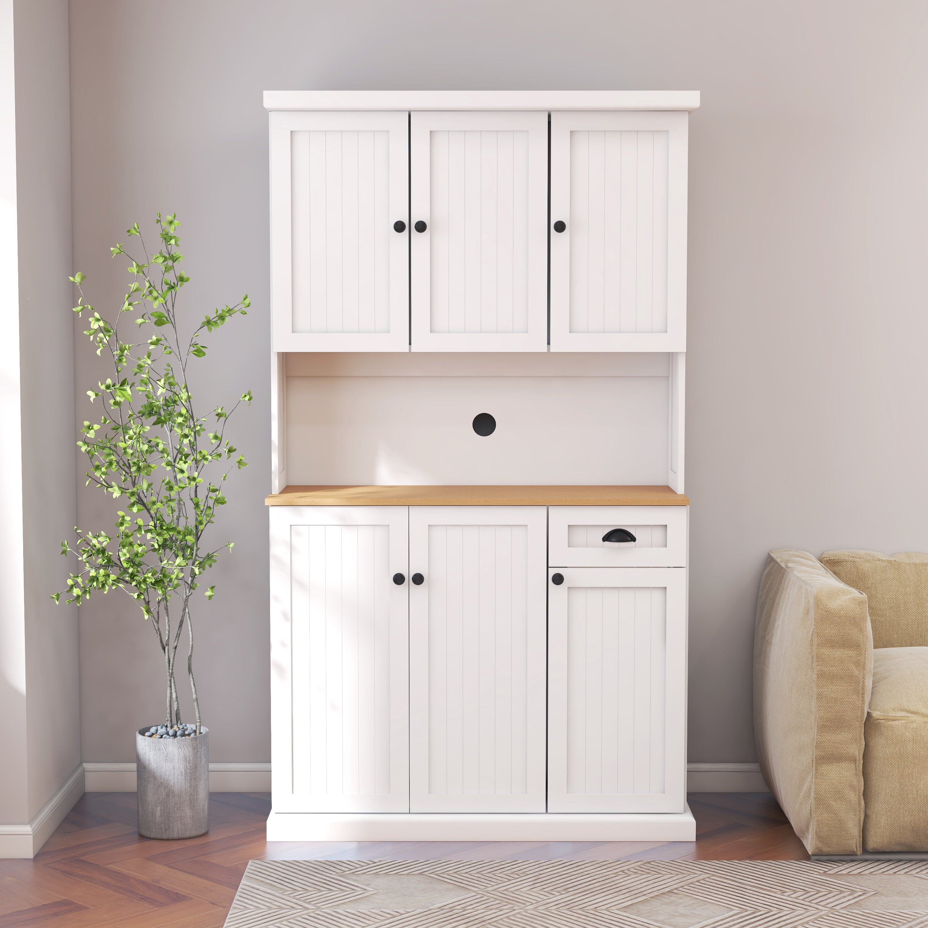 HAOYYE Freestanding Living Room Storage Cabinet with Microwave Countertop, Adjustable Shelves, 6 Doors & 1 Drawer, White, Space-Saving Modern Design, Sturdy Heavy Duty Construction, Stylish Home Furniture