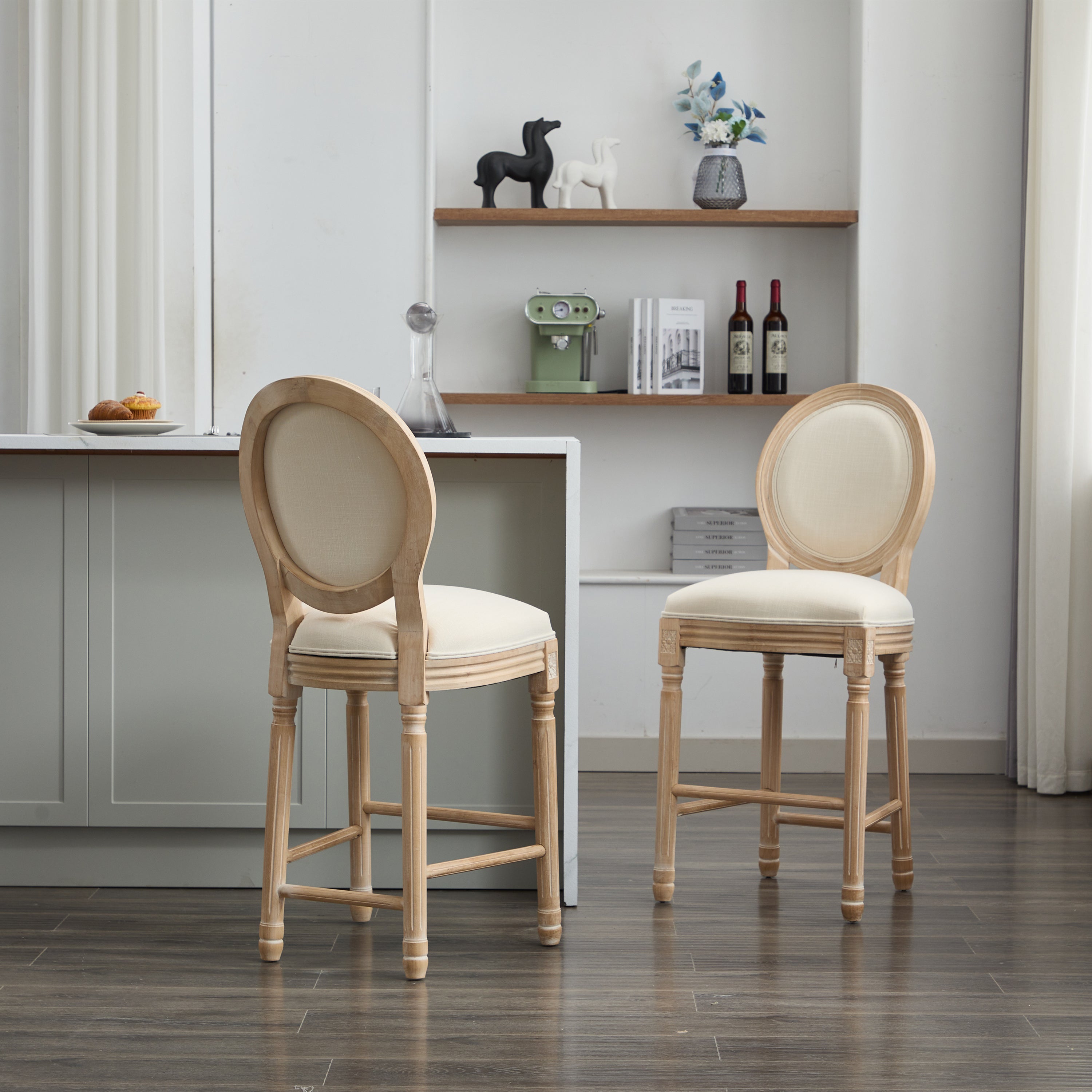 HAOYYE Solid Wood Bar stools Set of 2, Classic French Country Wooden Barstools with Upholstered Seating Sturdy Space-Saving Heavy Duty Modern Design Adults Dorm Room Easy Assembly Bedroom Furniture