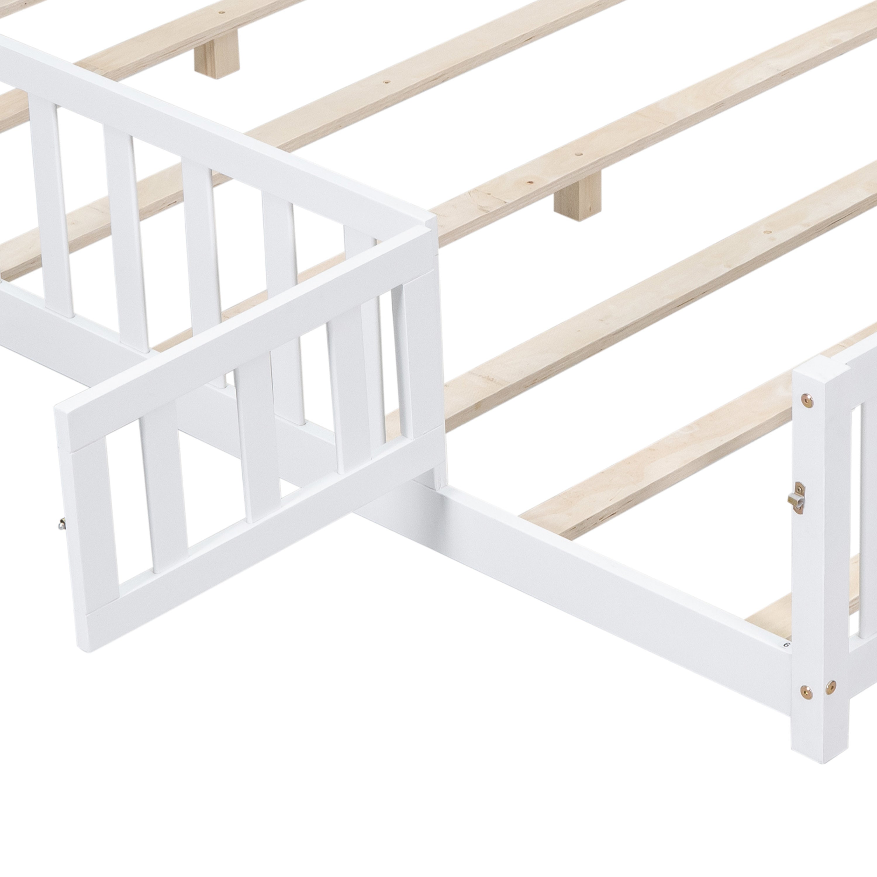 HAOYYE Full Size Floor Platform Bed with Fence and Door for , Montessori Floor Bed Frame with Support Slats for Toddlers, Wooden Floor Bed White Sturdy Space-Saving Heavy Duty Modern Design Adults
