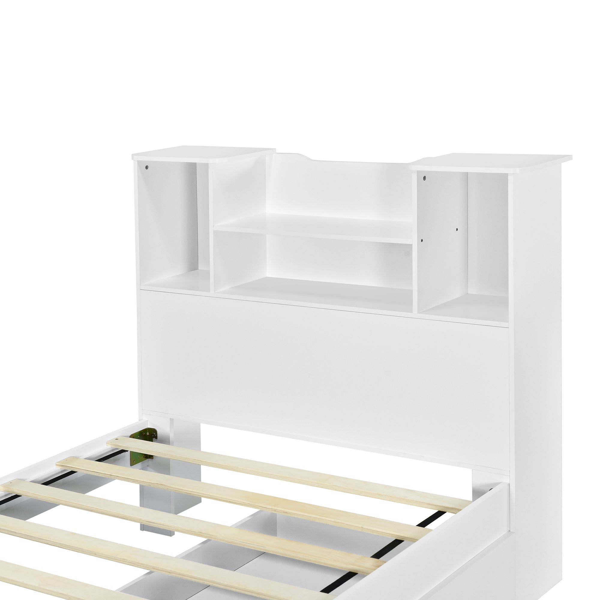 HAOYYE Twin Size Storage Platform Bed Frame with 4 Open Storage Shelves and 2 Drawers, LED Lights, White, Sturdy Space-Saving Heavy Duty Design, Easy Assembly, Ideal for Adults and Dorm Rooms