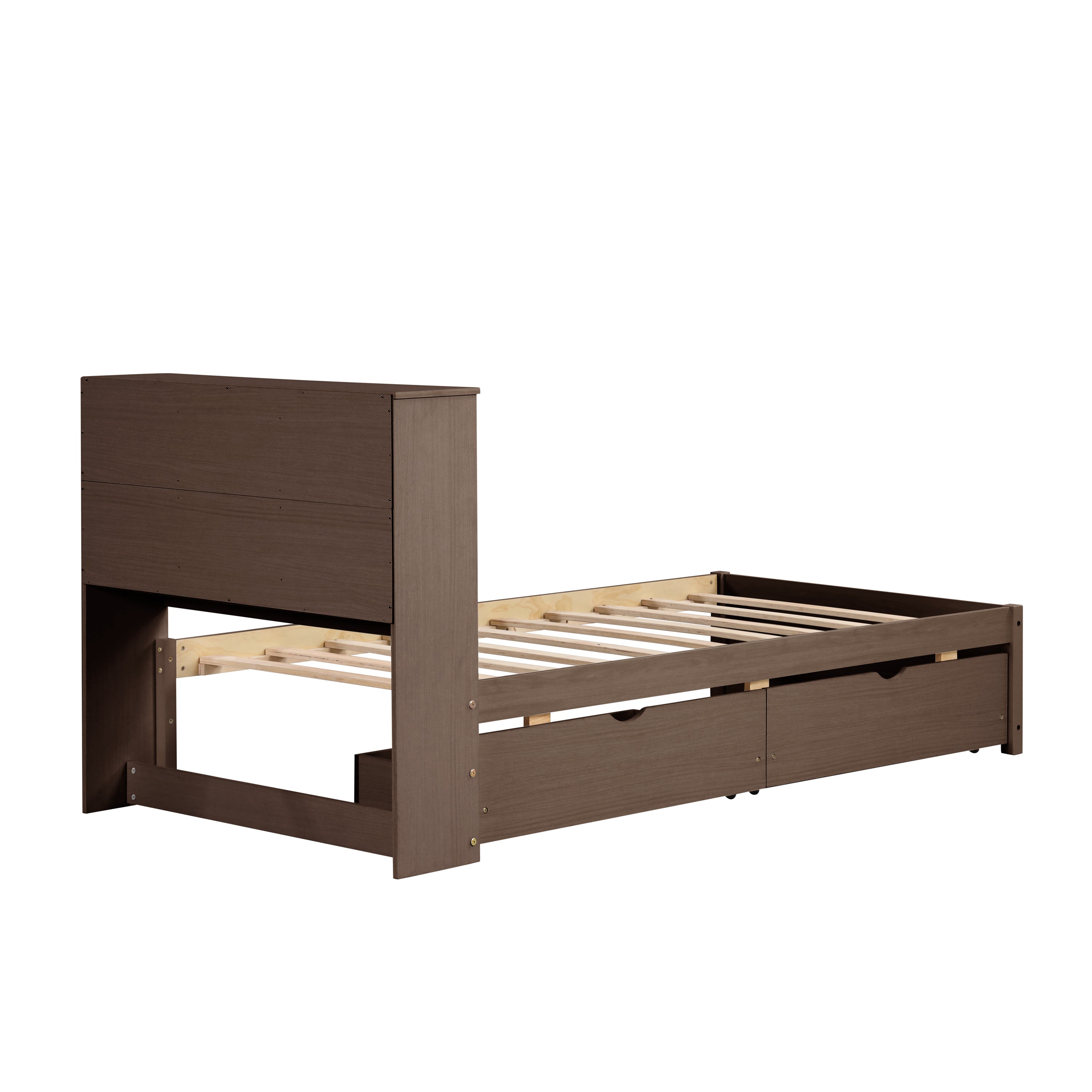 HAOYYE Twin Bed Frame with USB Port, Bookcase Headboard and Storage Drawers, Walnut Finish, Sturdy Space-Saving Design, Heavy Duty, Easy Assembly, Ideal for Bedroom and Dorm Room