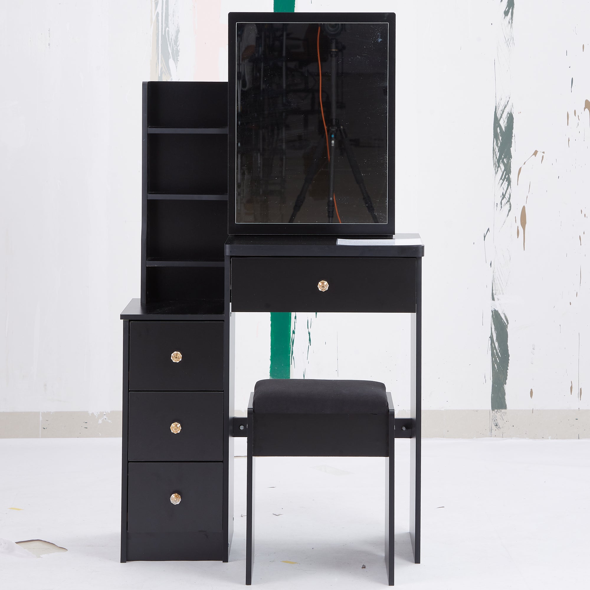 HAOYYE Compact Left-Side Bedside Vanity Table With Cushioned Stool, Sliding Mirror, Multi-Layer High Capacity Storage, Stylish Design, Perfect For Small Spaces, Certified EPA, GCC, UL