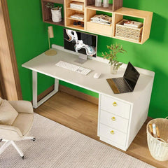 HAOYYE Computer Desk with 3 Drawers Spacious Home Office Workstation Sturdy E1 MDF Construction Stain Resistant Easy to Clean Multi-Function Desk for Gaming Vanity Writing with Elegant White Finish and Gold Pull Rings