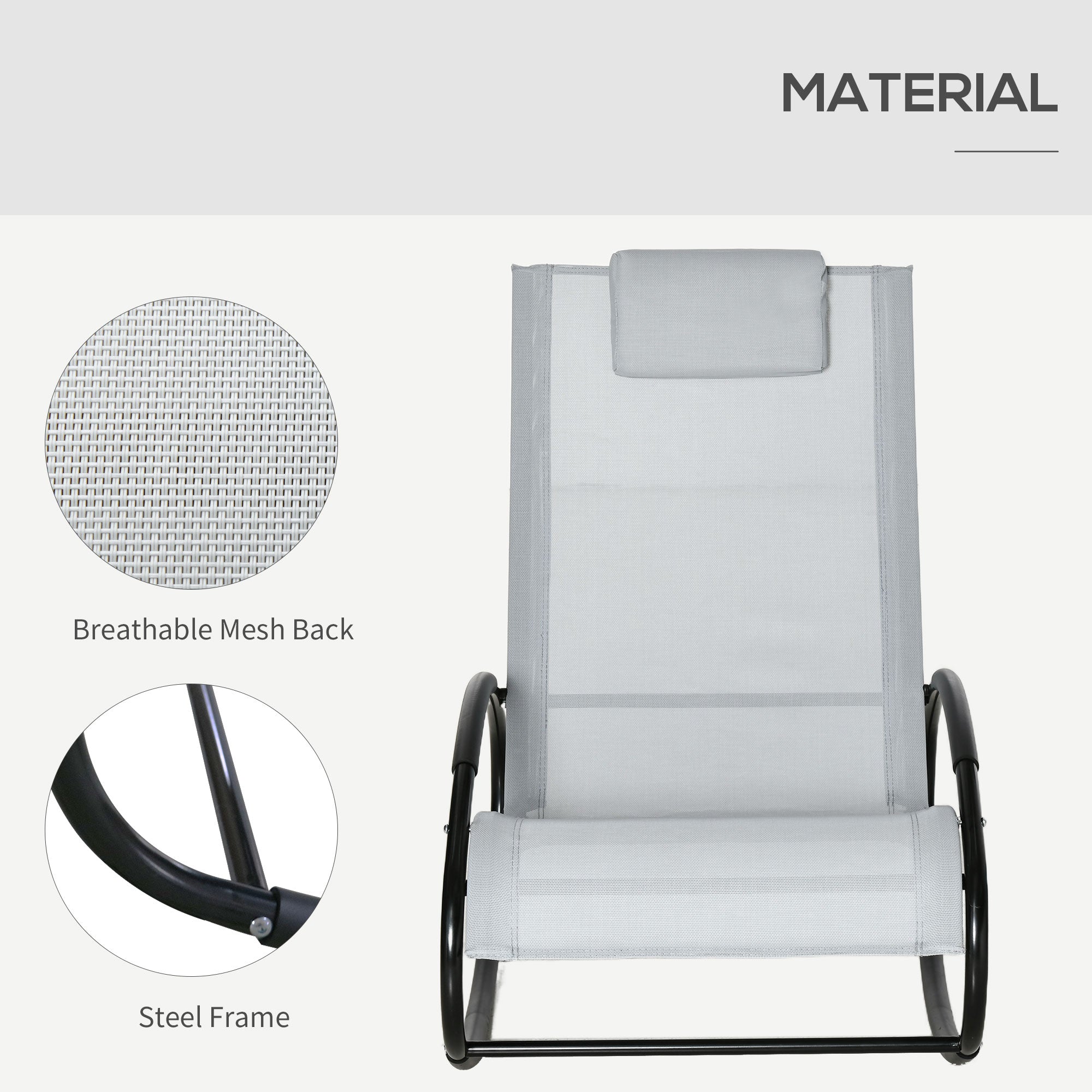 HAOYYE Grey Outdoor Rocking Chair with Breathable Mesh Fabric and Pillow Headrest, Powder-Coated Steel Frame for Water Resistance, Safety Rocker Stoppers, Rubber Floor Protectors, Comfortable Armrests, Perfect for Patio, Garden, and Lounge Seating