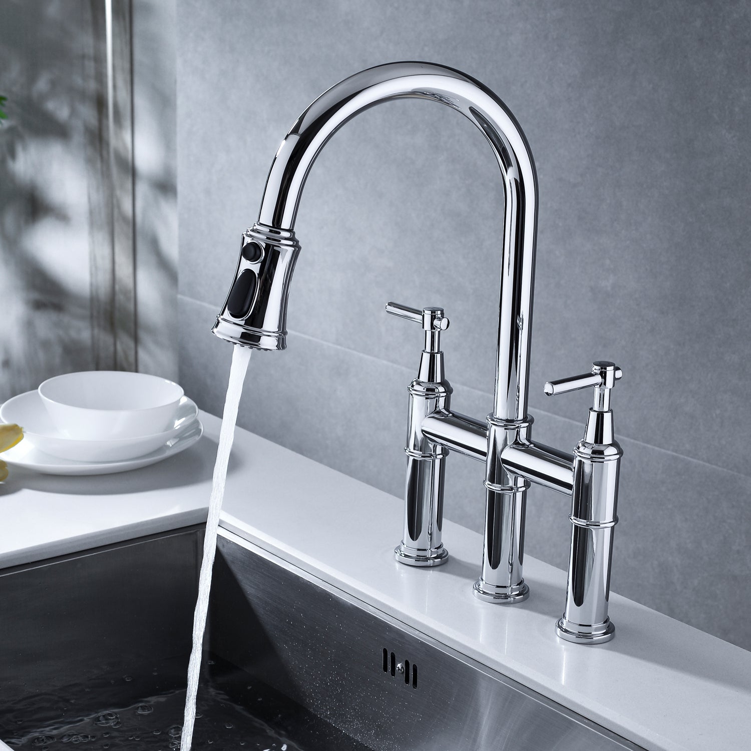 HAOYYE Bridge Kitchen Faucet with Pull-Down Sprayhead in Spot Sturdy Space-Saving Heavy Duty Modern Design Adults Dorm Room Easy Assembly Bedroom Furniture