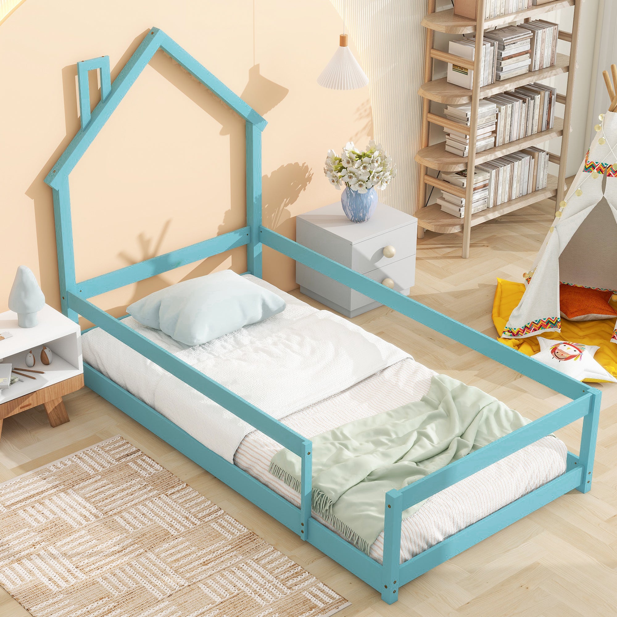 HAOYYE Twin Size Wood Bed with House-Shaped Headboard, Floor Bed with Fences, Sturdy Space-Saving Design, Easy Assembly for Bedroom, Dorm Room, and Modern Home Decor
