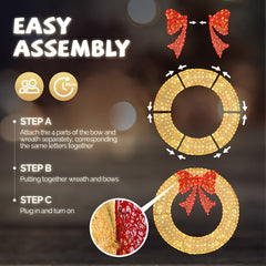 HAOYYE 48in Pre-Lit Outdoor Christmas Wreath Decoration with 315 LED Lights, Metal Holiday Decor for Home Exterior and Garden, Festive Gold and Red Bow, Energy Efficient, Weather Resistant, Easy to Hang