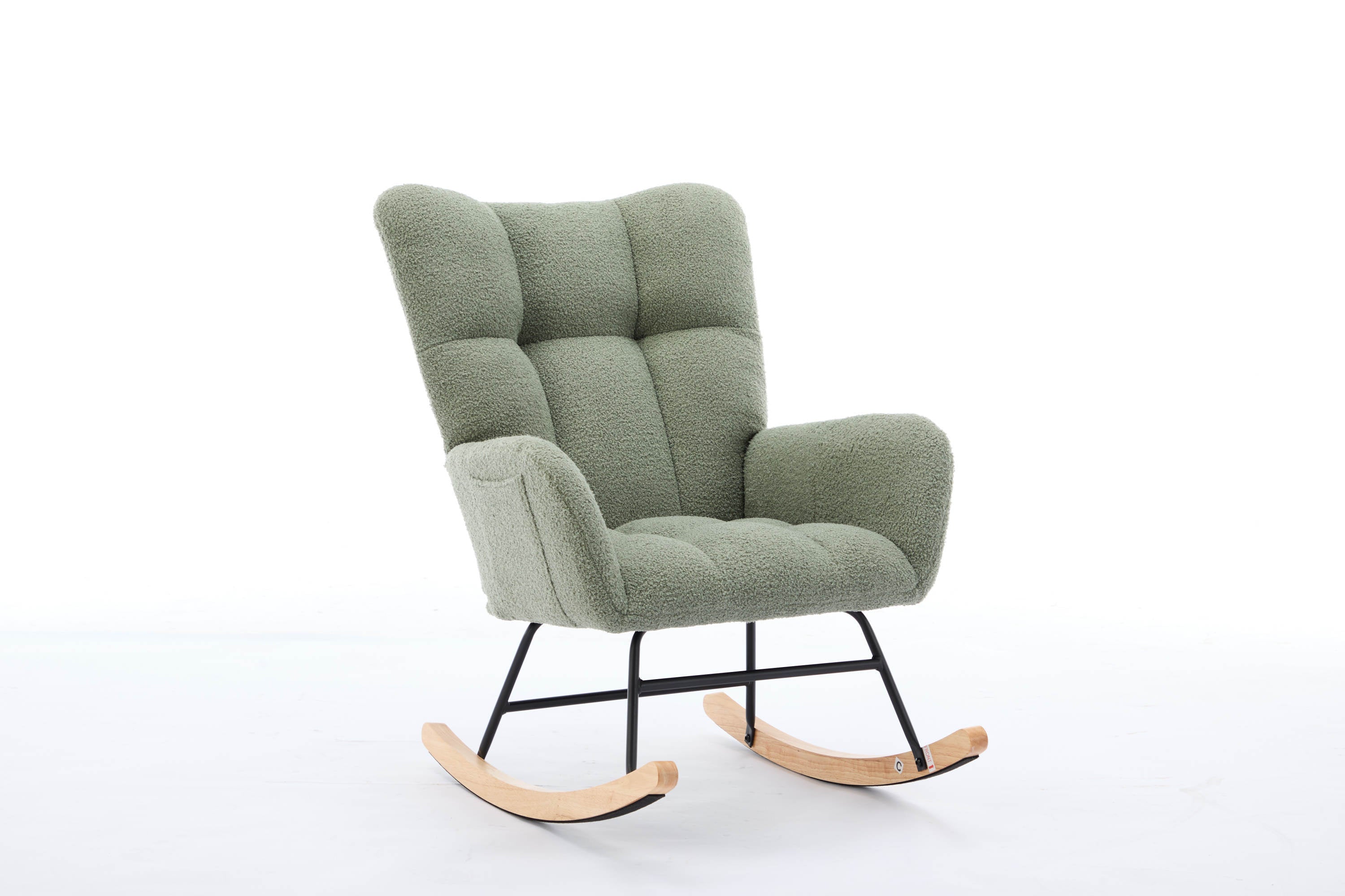 Haoyye Modern Upholstered Nursery Rocking Chair with High Backrest, Teddy Fabric Glider Accent Armchair with Solid Wood Legs and Metal Frame, Comfortable Rocker for Bedroom, Living Room or Lounge, Gentle Swing Chair in Green