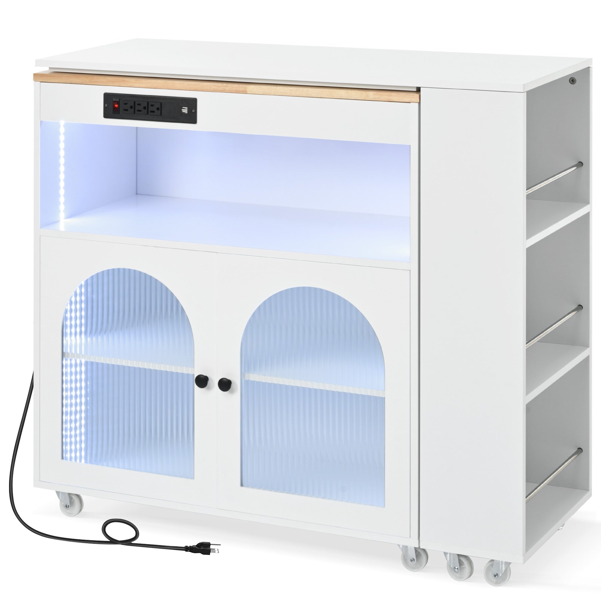 HAOYYE K&K Rolling Kitchen Island With Extended Table, Kitchen island on Wheels with LED Lights,Power Outlets and 2 Fluted Glass Doors, Kitchen Island with a Storage Compartment and Side 3 Open Shelves,White