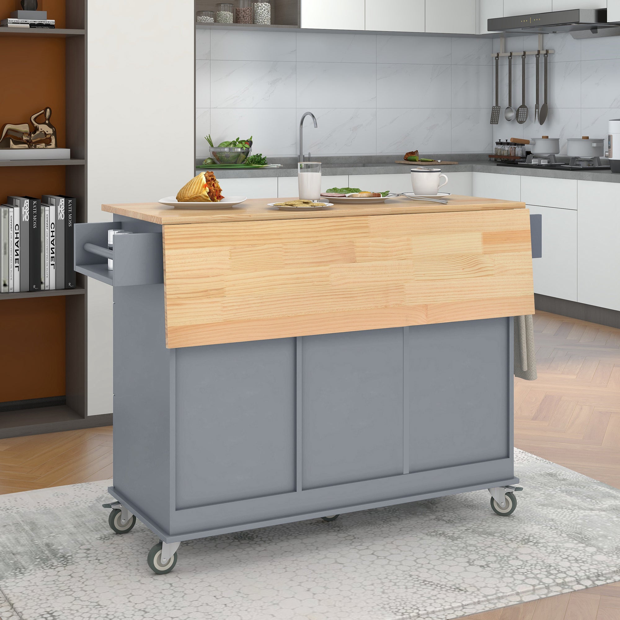 HAOYYE Rolling Mobile Kitchen Island With Solid Wood Top, Storage Cabinet, Drop Leaf Breakfast Bar, Spice Rack, Towel Rack, And Drawer, Grey Blue, Sturdy Space-Saving Design With Locking Wheels